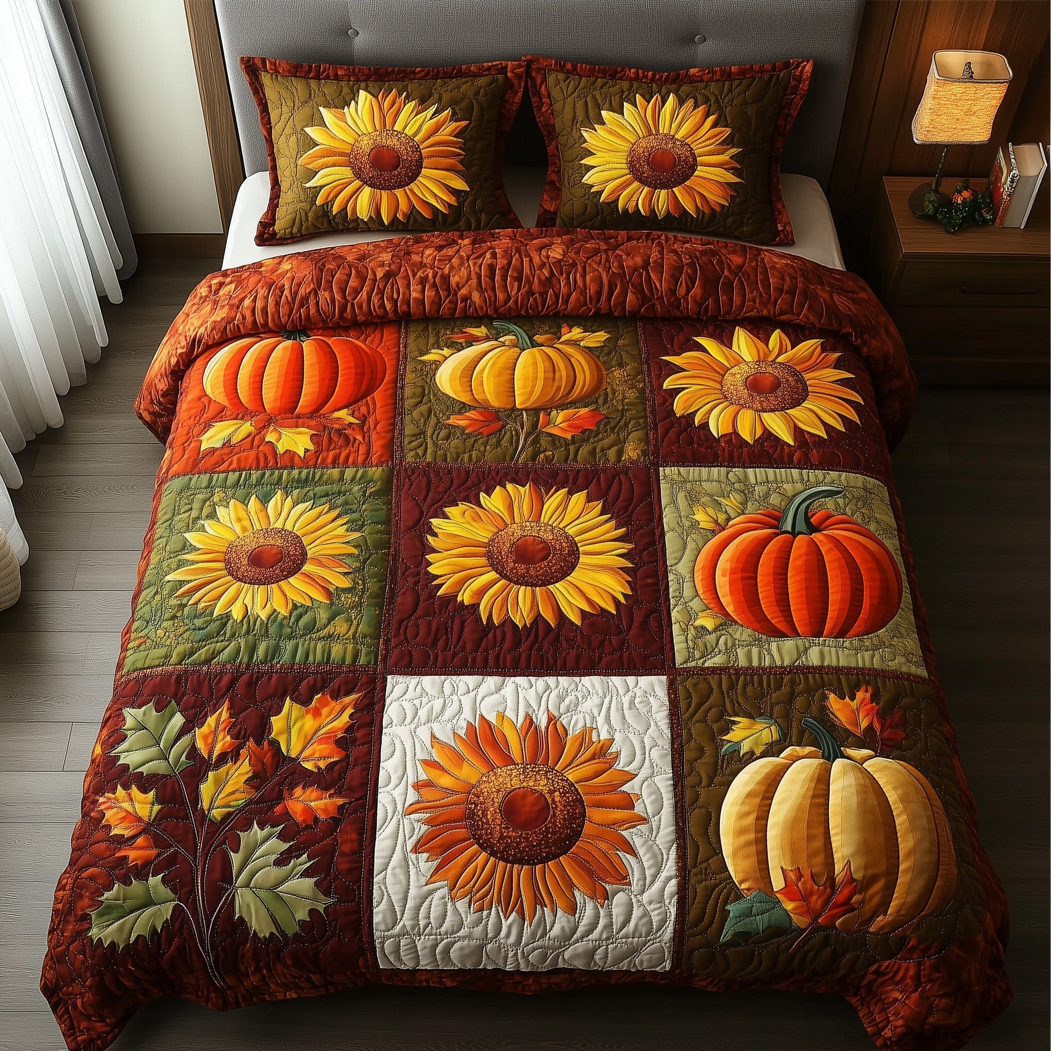 Rustic Patchwork Quilted Bedding Set Cozy Pumpkin Maple Leafs Unique Fall Design Bedding Gifts - Bancroftclothings