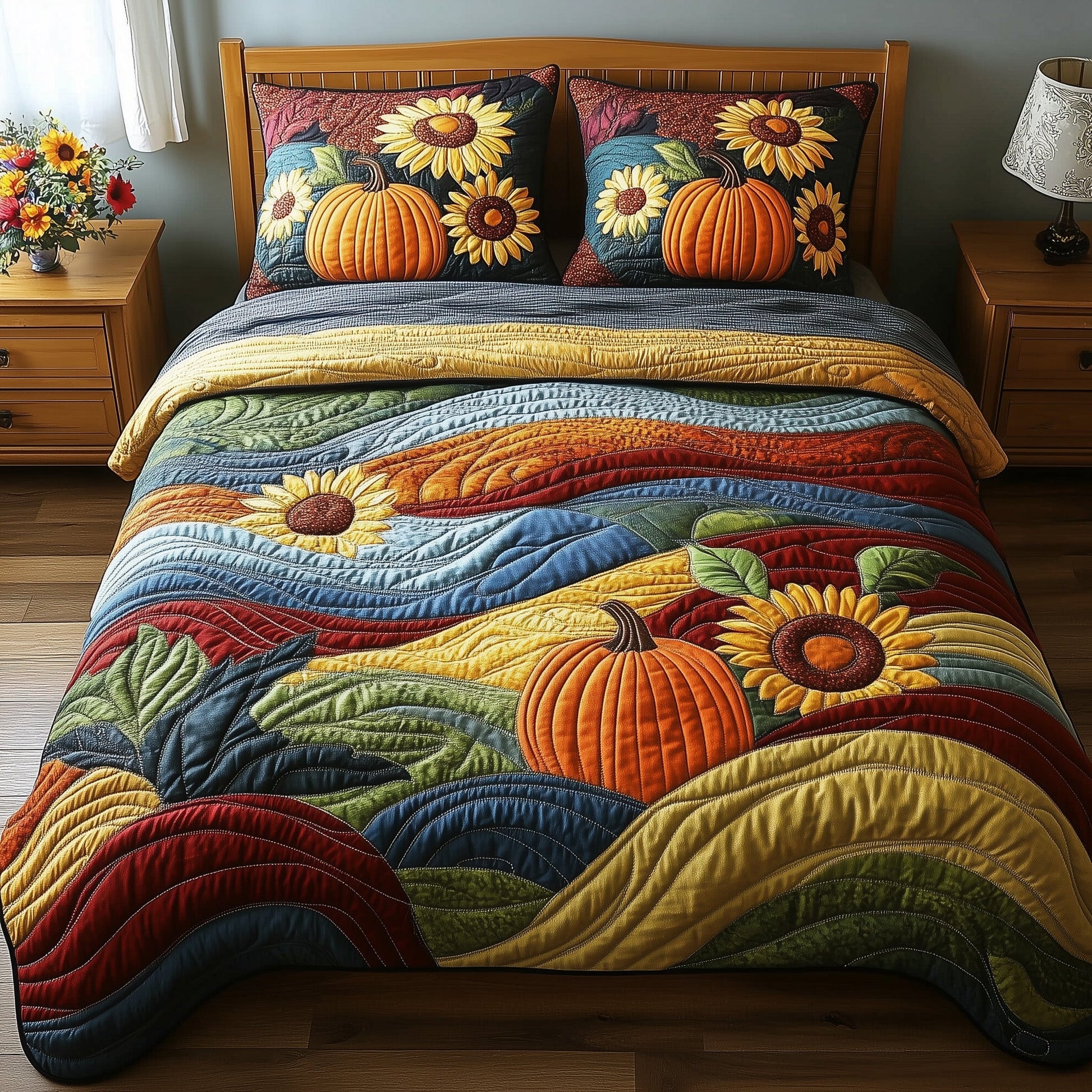 Rustic Patchwork Quilted Bedding Set Sunflower Pumpkin Field Unique Fall Bedding Gifts - Bancroftclothings