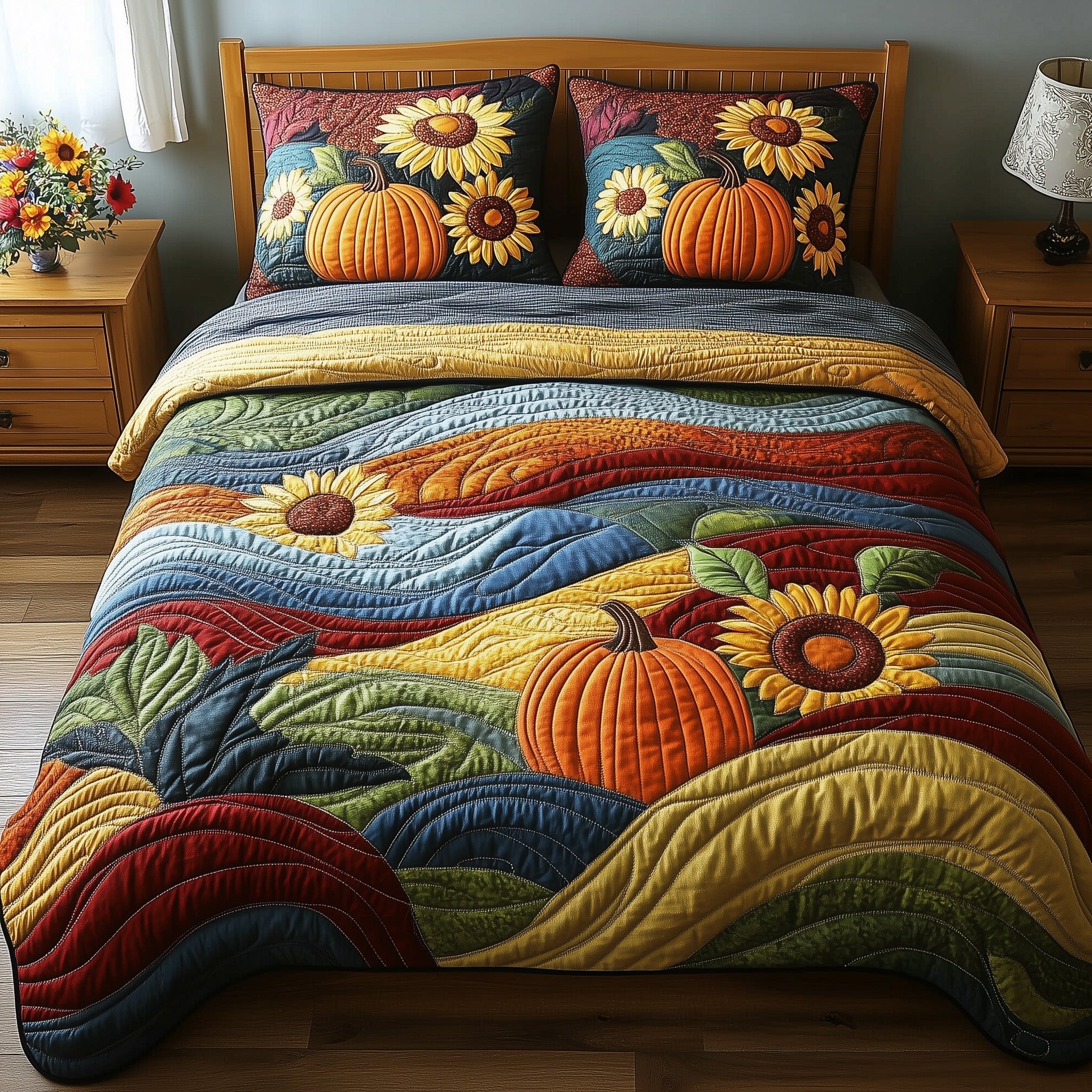 Rustic Patchwork Quilted Bedding Set Sunflower Pumpkin Field Unique Fall Bedding Gifts - Bancroftclothings