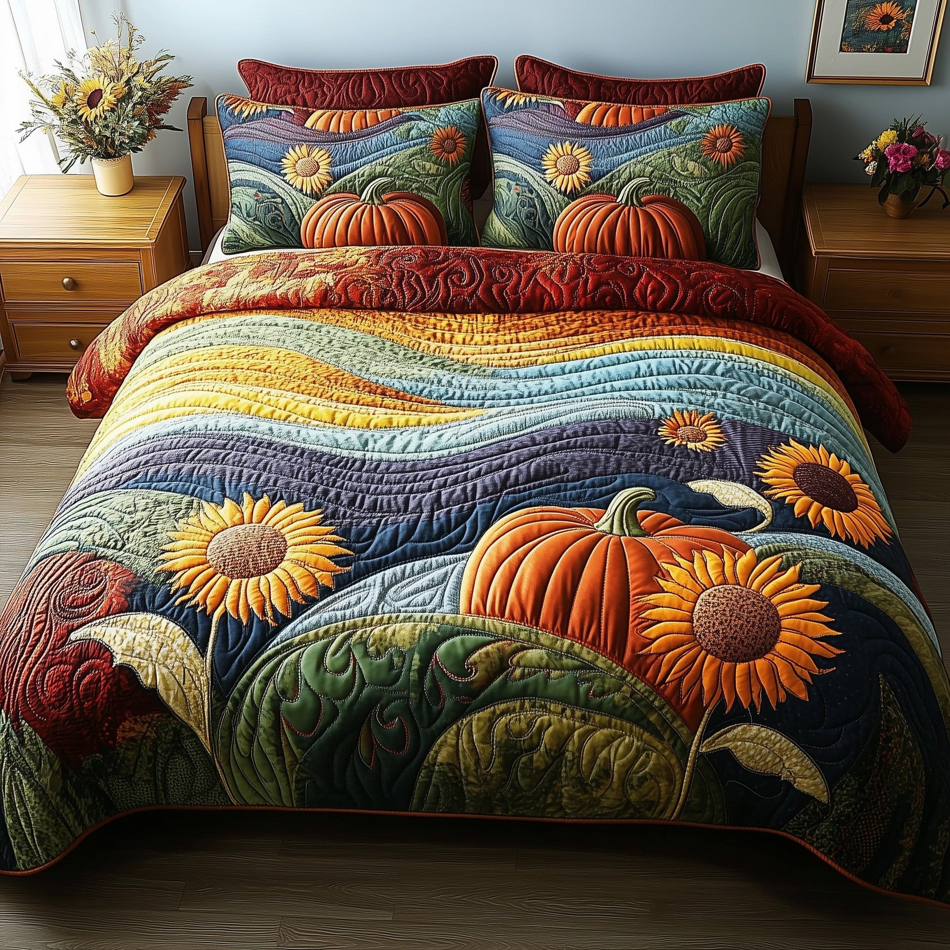 Rustic Patchwork Quilted Bedding Set Sunflowers Pumpkins Vibes Decor Unique Bedding Gifts(1) - Bancroftclothings