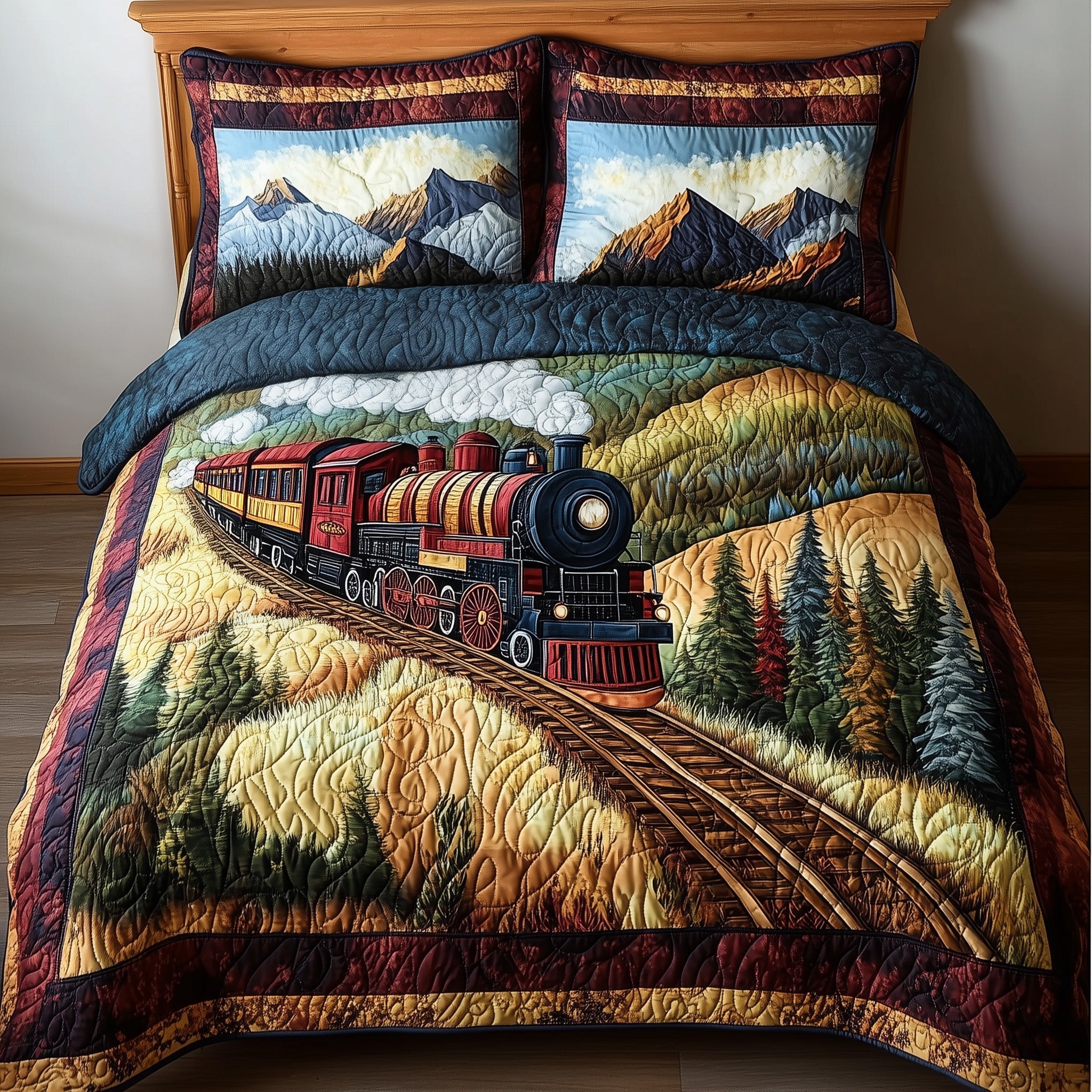 Rustic Train Quilted Bedding Set Classic Train Landscape Vintage Countryside Railway Decor - Bancroftclothings