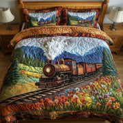 Rustic Train Quilted Bedding Set Classic Train Landscape Vintage Countryside Railway Theme - Bancroftclothings