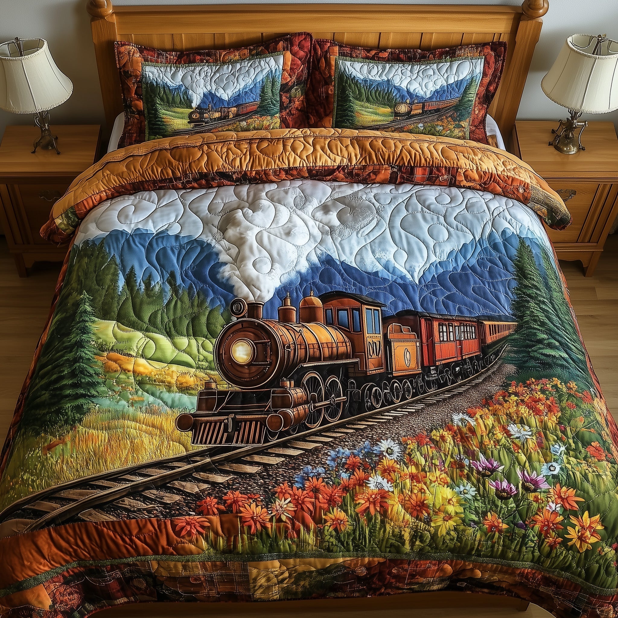 Rustic Train Quilted Bedding Set Classic Train Landscape Vintage Countryside Railway Theme - Bancroftclothings