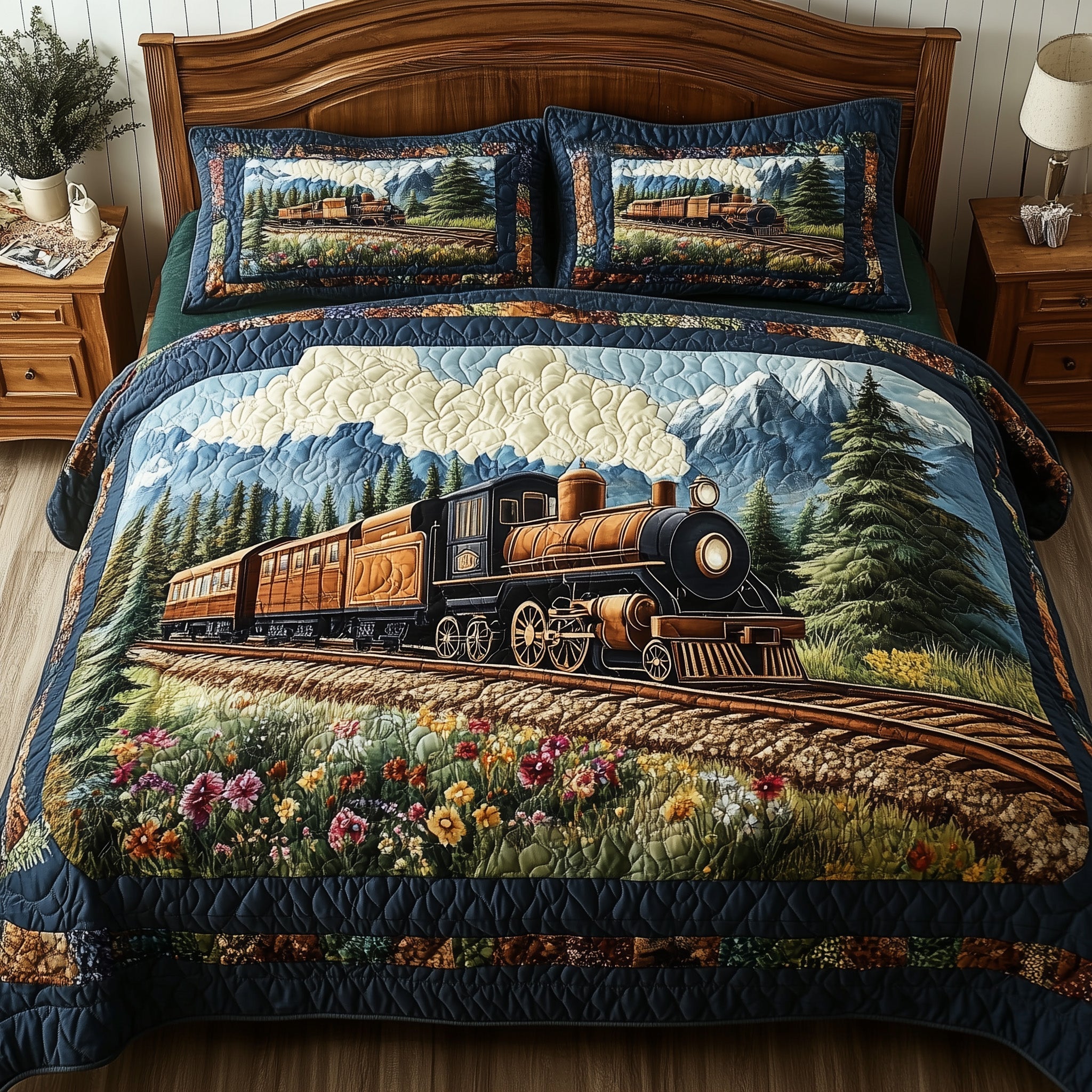 Rustic Train Quilted Bedding Set Classic Train Landscape Vintage Home Decor Gifts - Bancroftclothings