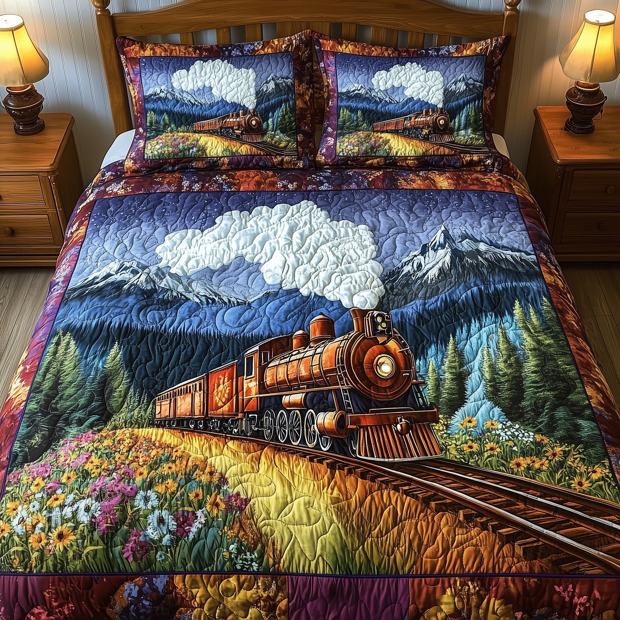 Rustic Train Quilted Bedding Set Country Train Decor Peaceful Vibe Bedding Presents - Bancroftclothings