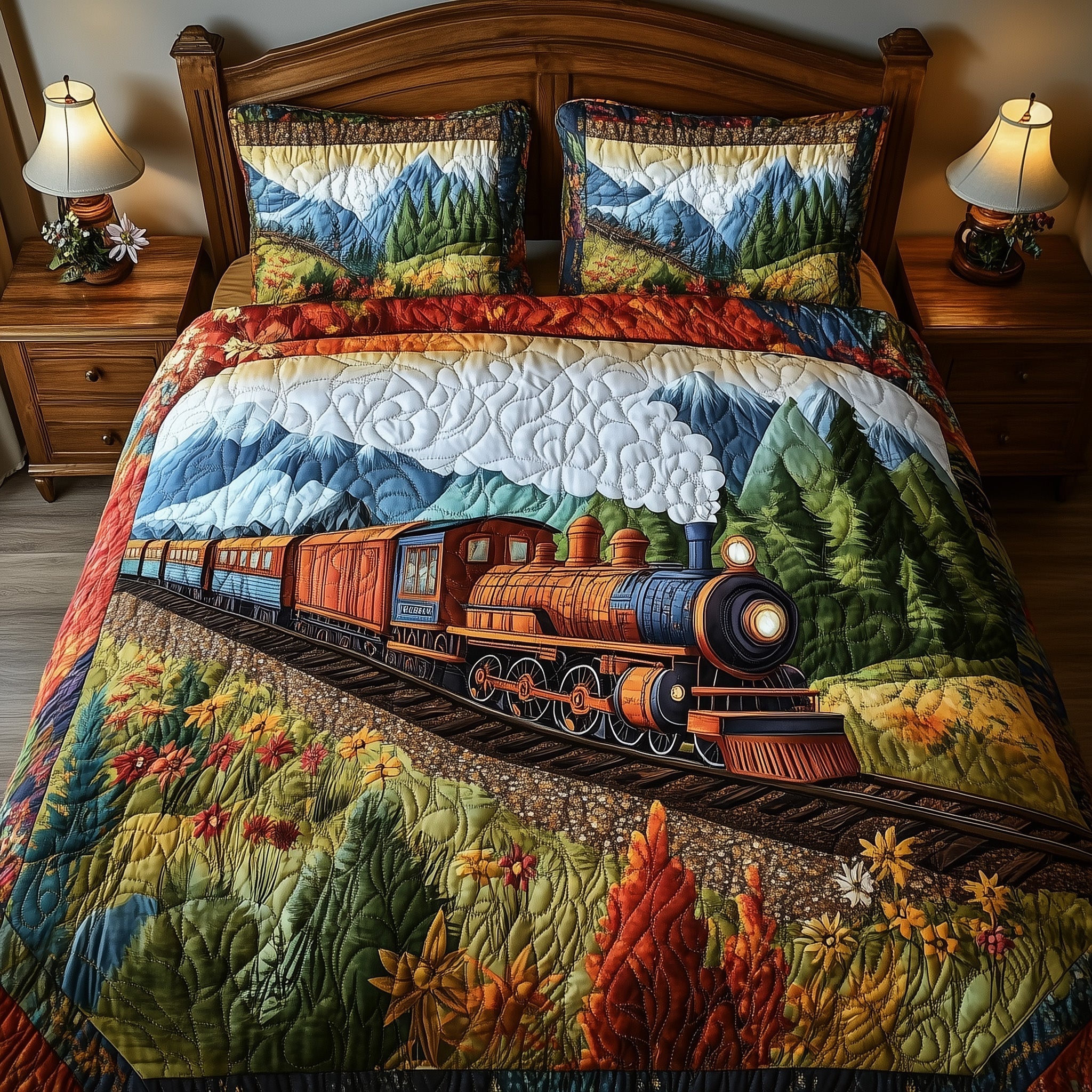 Rustic Train Quilted Bedding Set Flowers Field Vibes Nature Scenery Presents - Bancroftclothings