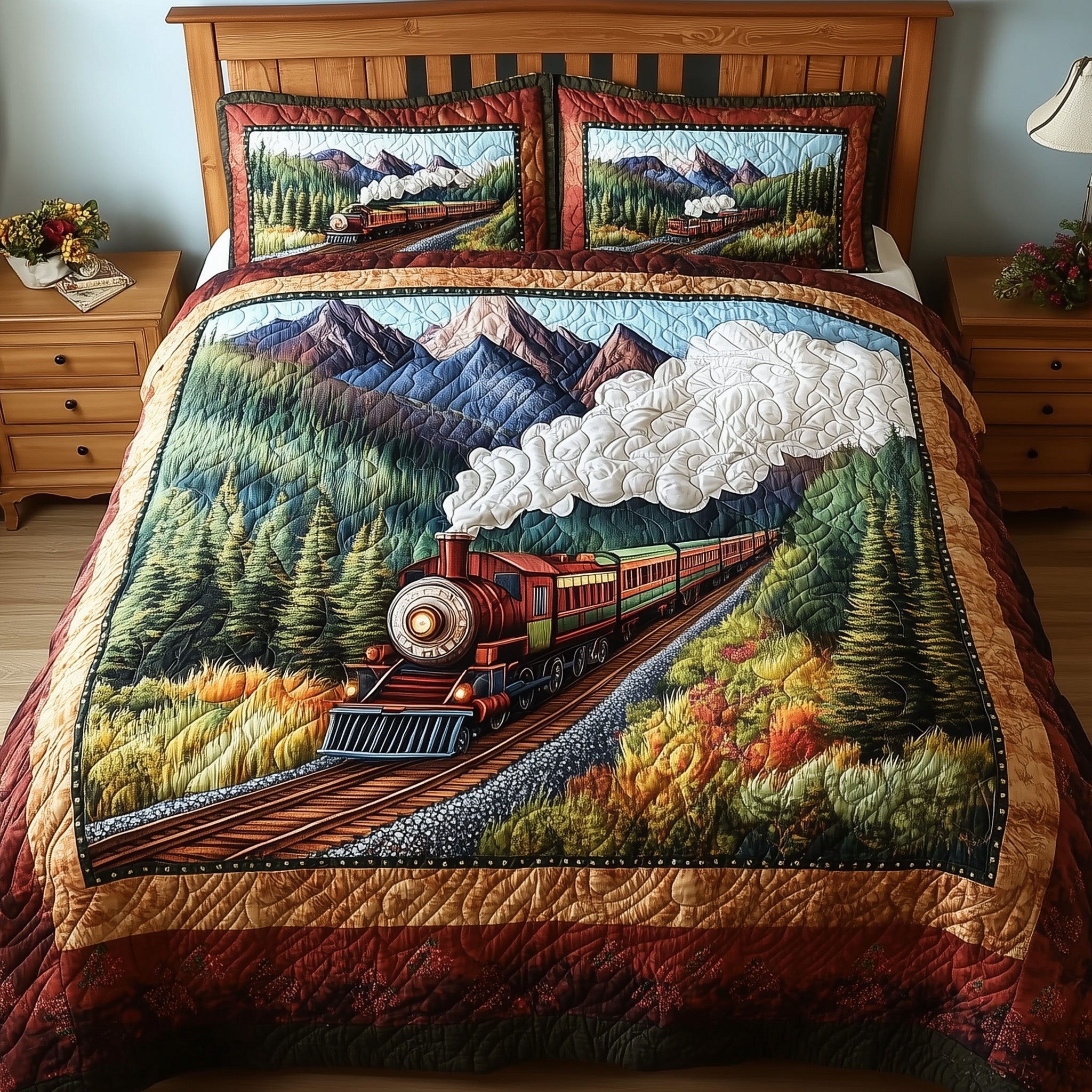 Rustic Train Quilted Bedding Set Peaceful Railway Decor Nature Bedding Theme Gifts - Bancroftclothings