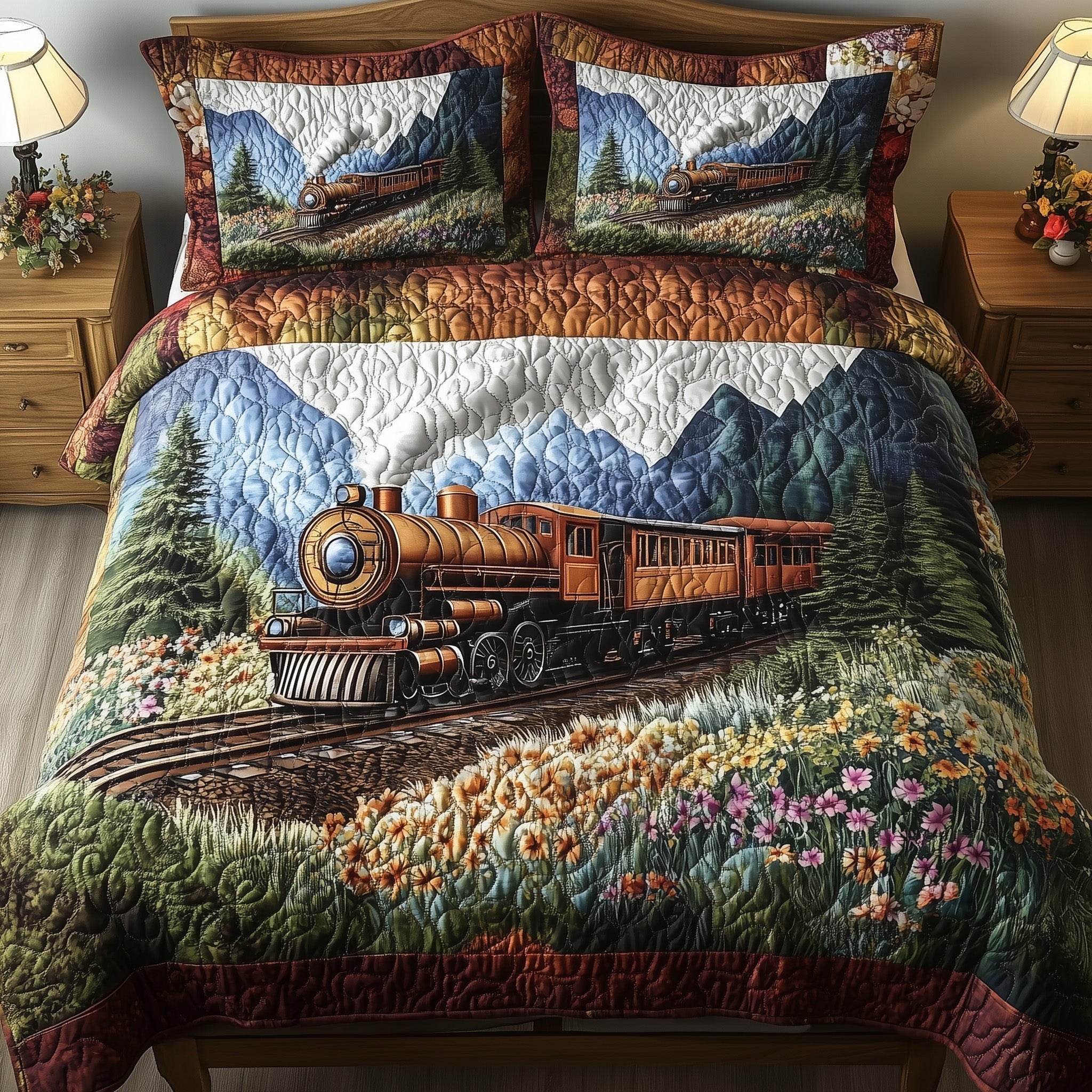 Rustic Train Quilted Bedding Set Rustic Cabin Decor Vintage Steam Engine Gift Ideas - Bancroftclothings