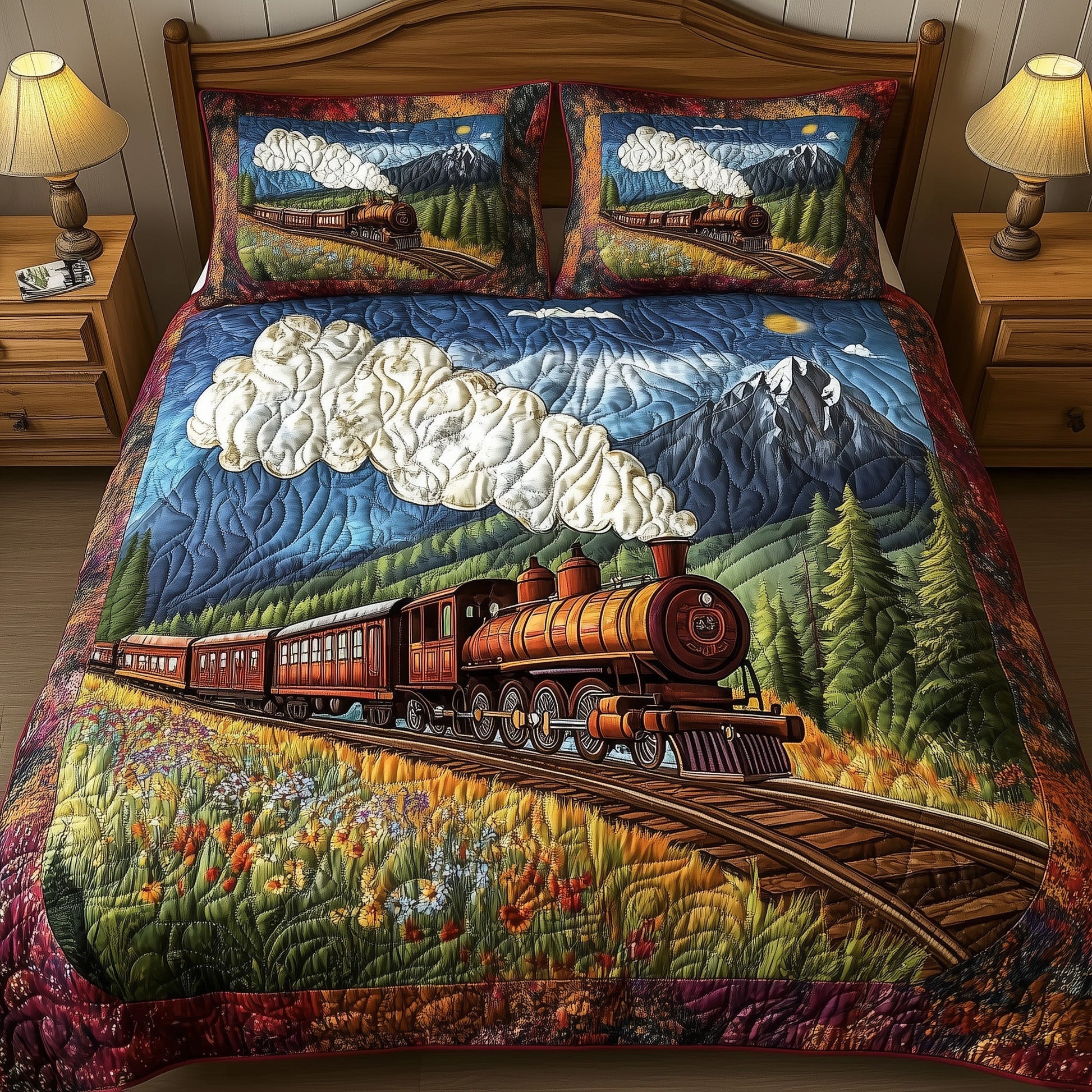 Rustic Train Quilted Bedding Set Rustic Travel Decor Peaceful Scene Bedding Gifts - Bancroftclothings