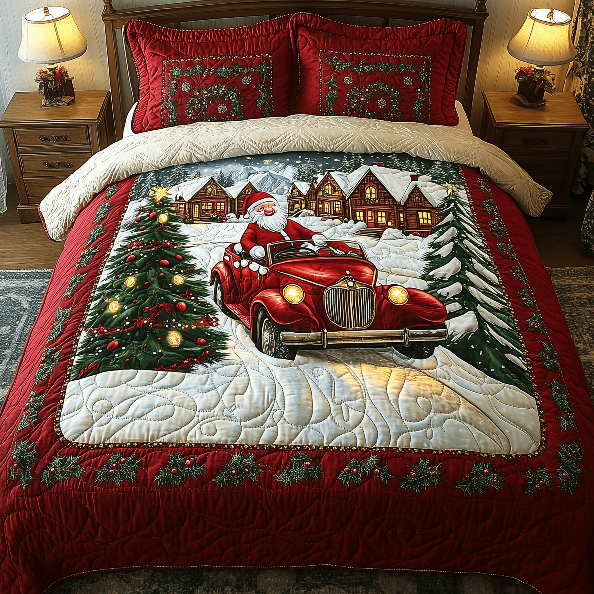 Santa Christmas Drive Quilted Bedding Set Stay warm this winter Christmas Presents - Bancroftclothings