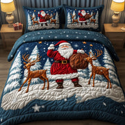 Santa Claus Quilted Bedding Set Santa And Deers Decor Best Xmas Bedding Gifts - Bancroftclothings
