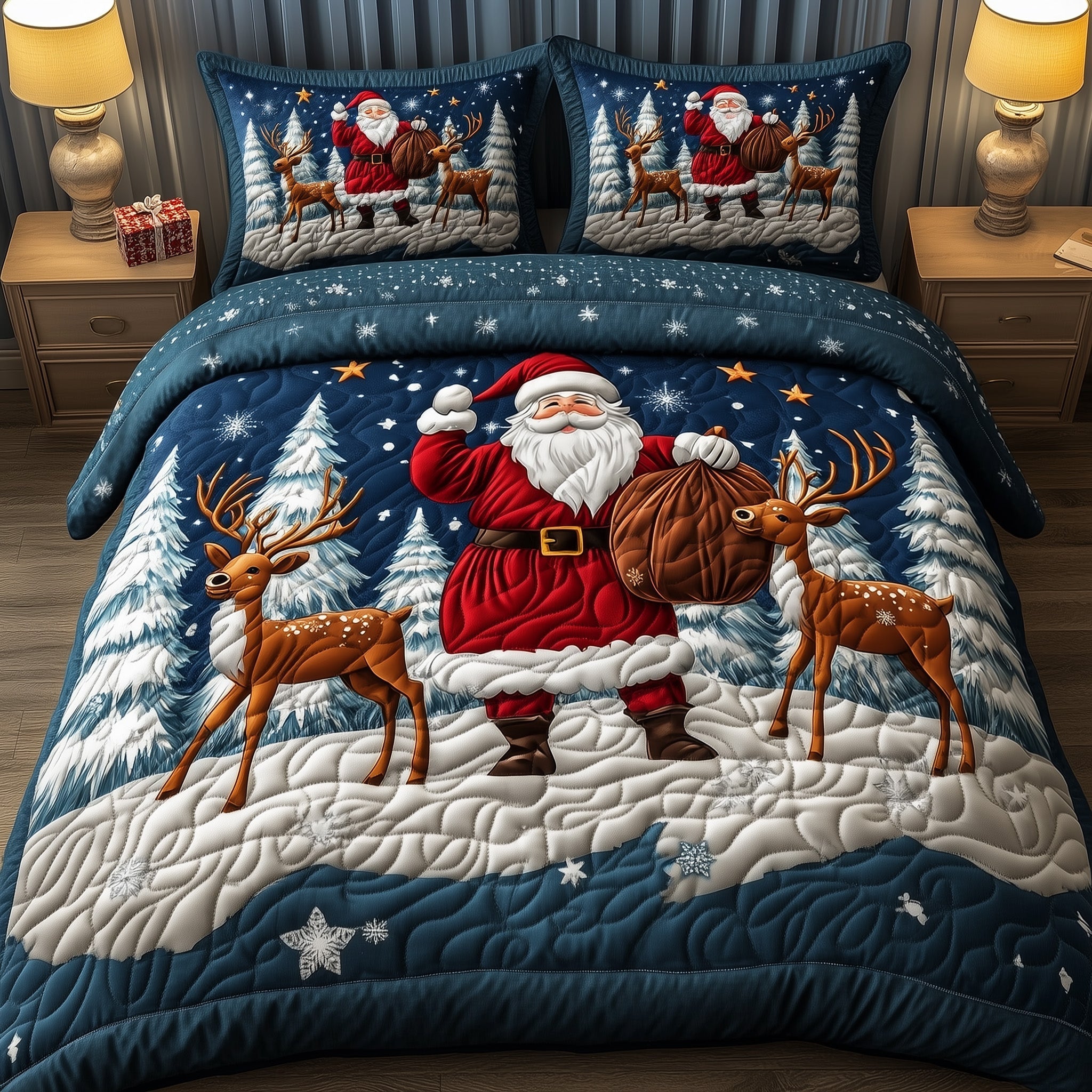 Santa Claus Quilted Bedding Set Santa And Deers Decor Best Xmas Bedding Gifts - Bancroftclothings