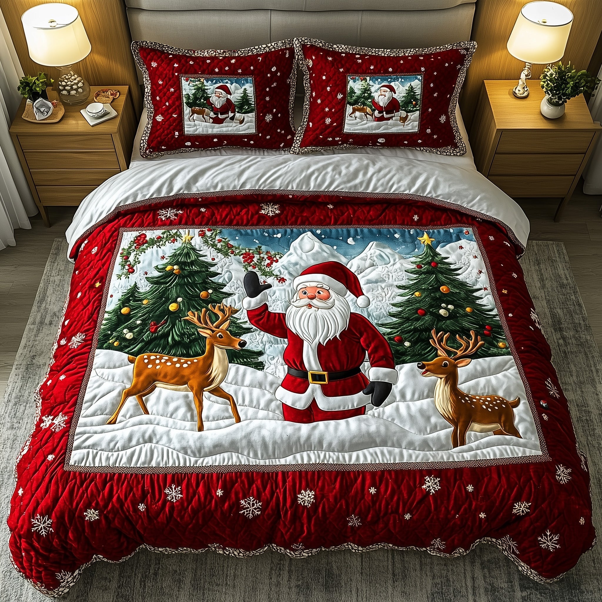 Santa Claus Quilted Bedding Set Santa And Deers Decor Best Xmas Holiday Bedding Gifts - Bancroftclothings