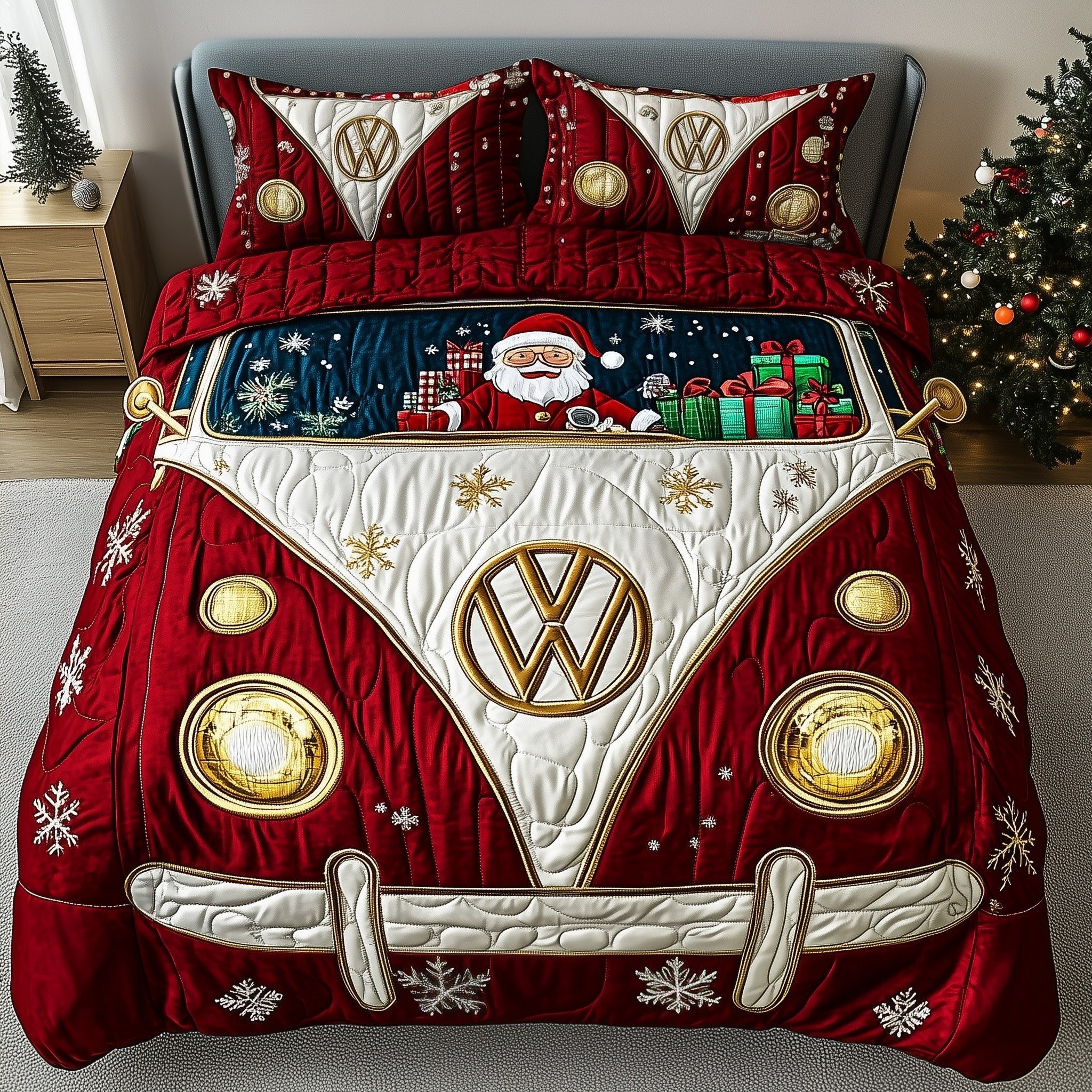 Santa Holiday Camper Quilted Bedding Set Retro Christmas Van Design Happy Christmas Day Gifts - Bancroftclothings