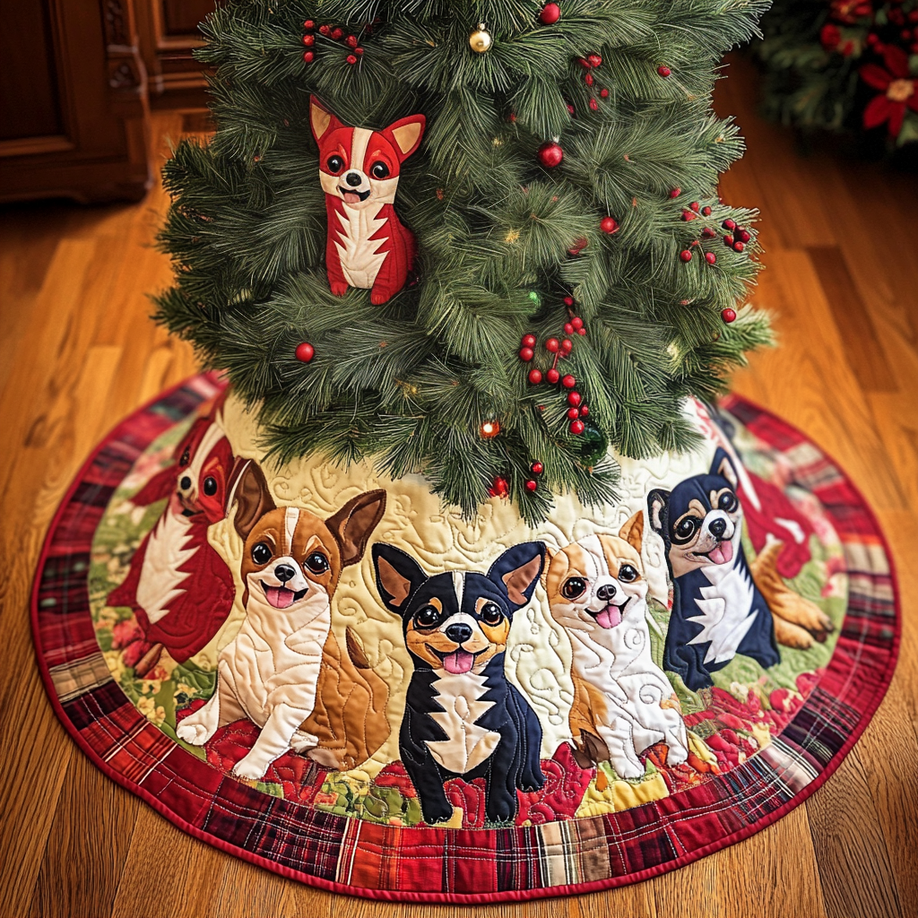 Santa Little Chihuahua Chritstmas Quilted Tree Skirt Festive Christmas Tree Skirt for Holiday Decor - Bancroftclothings