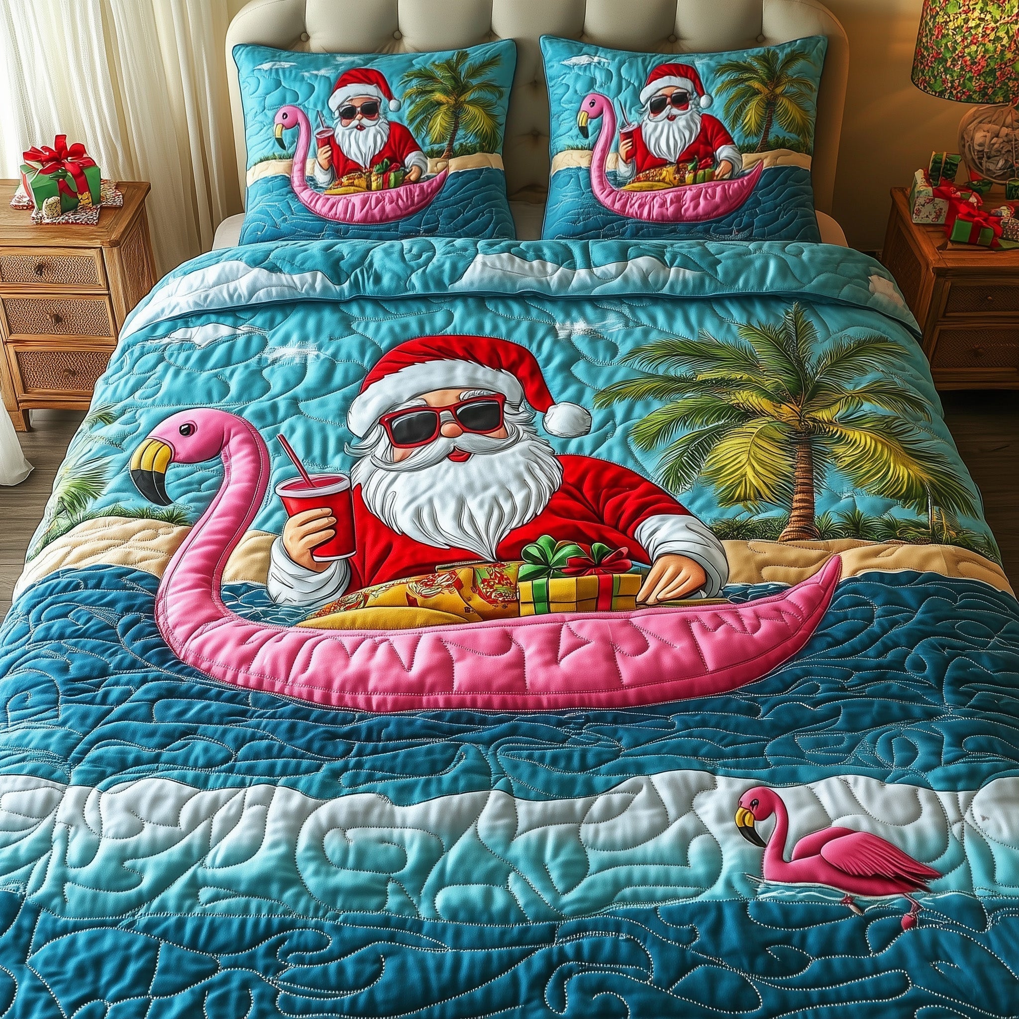 Santa Quilted Bedding Set Santa Flamingo Unique Bedding Presents - Bancroftclothings