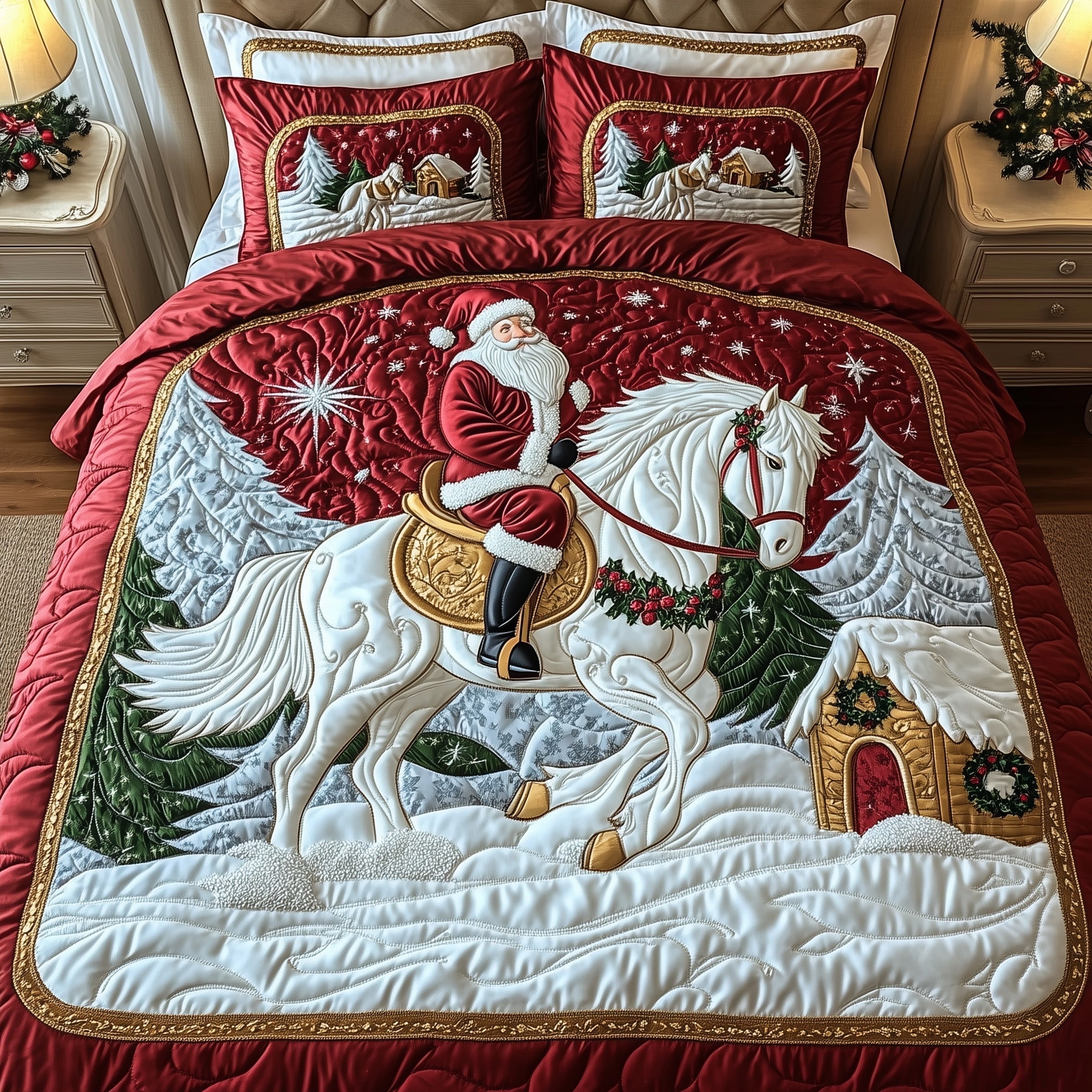 Santa With Majestic Horse Quilted Bedding Set White Carthorse Pattern Merry Christmas Day Gifts - Bancroftclothings