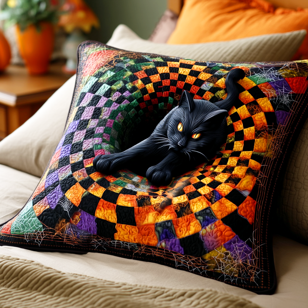 Shadow Cat Quilted Pillow Case Holiday Throw Pillow Covers Cute Cat Presents - Bancroftclothings