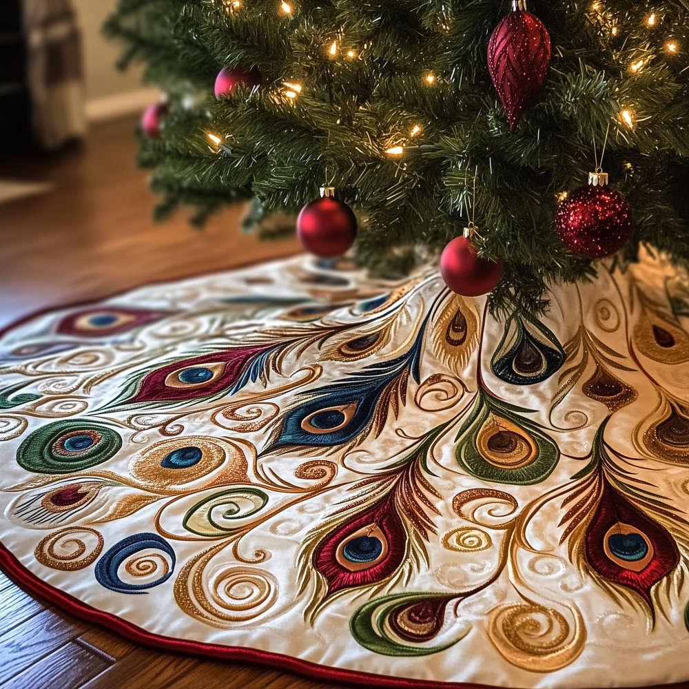 Shimmering Peacock Quilted Tree Skirt Charming Holiday Home Merch - Bancroftclothings