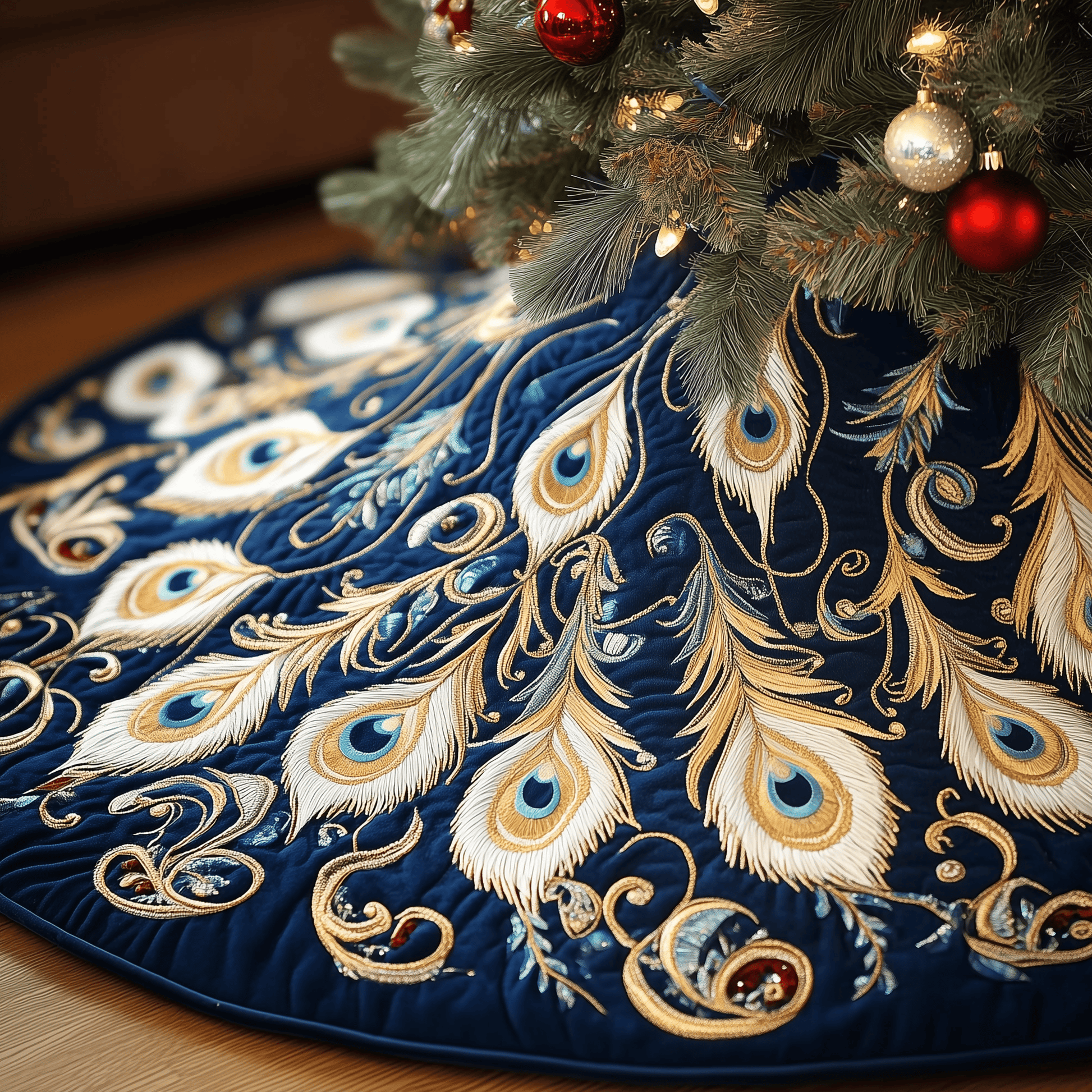 Shimmering Peacock Quilted Tree Skirt Indoor Tree Christmas Decorations Peacock Gifts For Her - Bancroftclothings