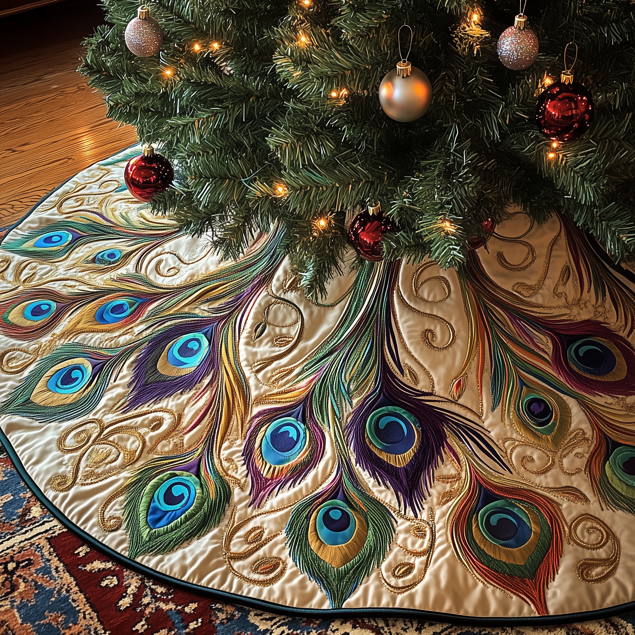 Shimmering Peacock Quilted Tree Skirt Warm Gift Merch For Family - Bancroftclothings
