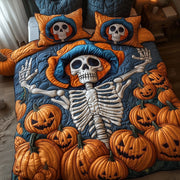 Skull With Pumpkin Quilted Bedding Set Pumpkin Season Happy Halloween Day Gift Ideas - Bancroftclothings