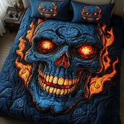 Skull With Roses Quilted Bedding Set Fire Eyes Skeleton Halloween Horror Bedroom Decor Gift - Bancroftclothings