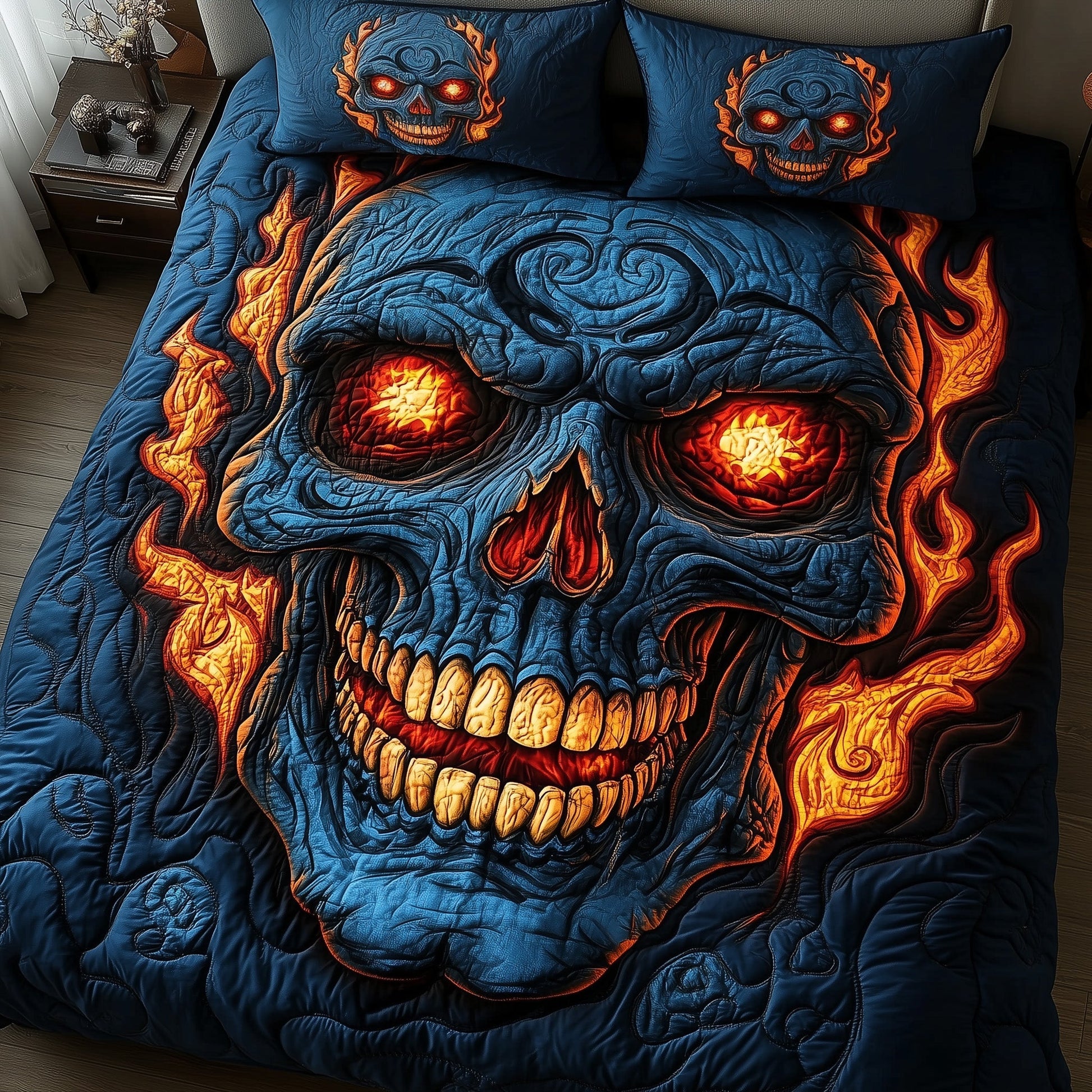 Skull With Roses Quilted Bedding Set Fire Eyes Skeleton Halloween Horror Bedroom Decor Gift - Bancroftclothings