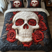 Skull With Roses Quilted Bedding Set White Skull With Roses Happy Halloween Design Gift Ideas - Bancroftclothings