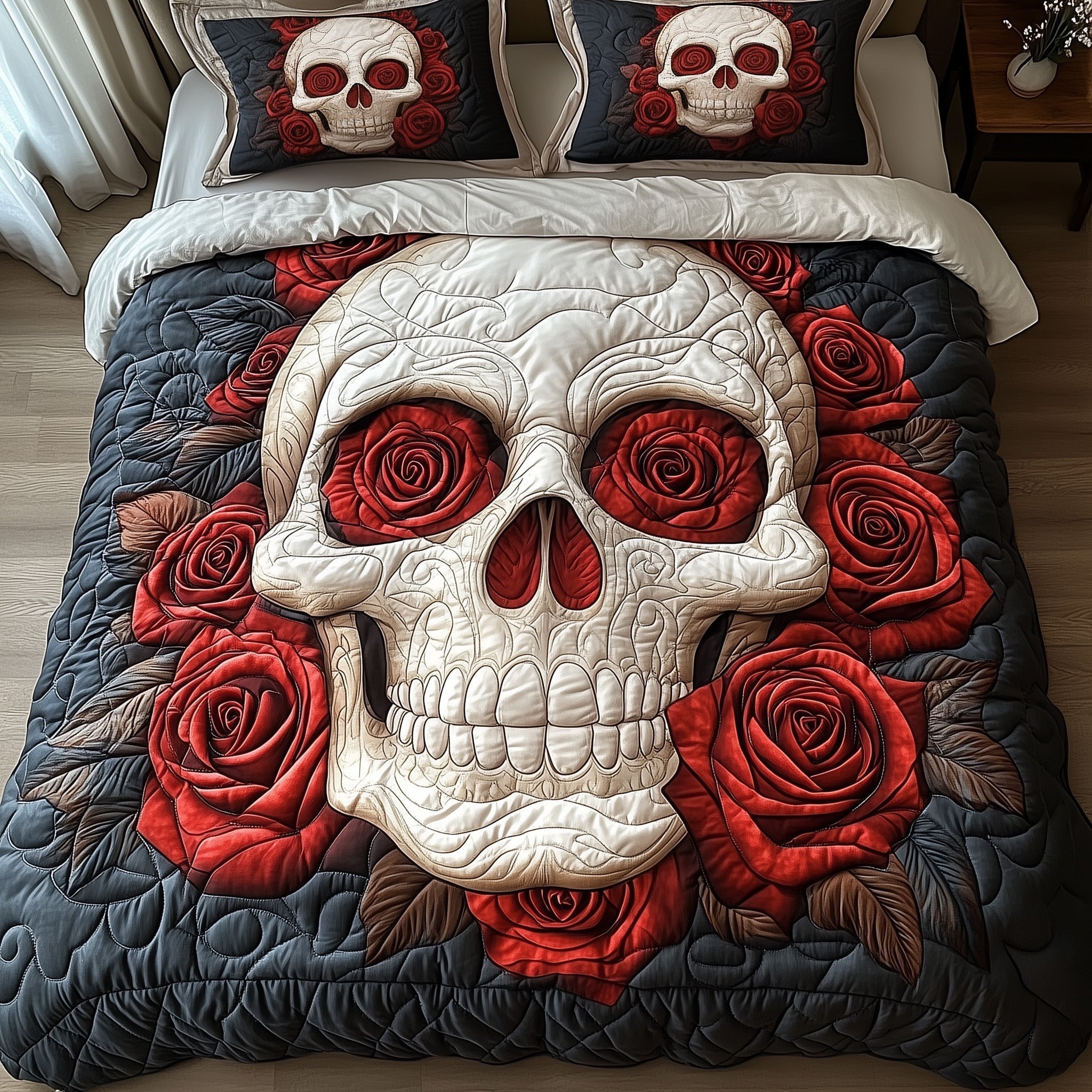 Skull With Roses Quilted Bedding Set White Skull With Roses Happy Halloween Design Gift Ideas - Bancroftclothings