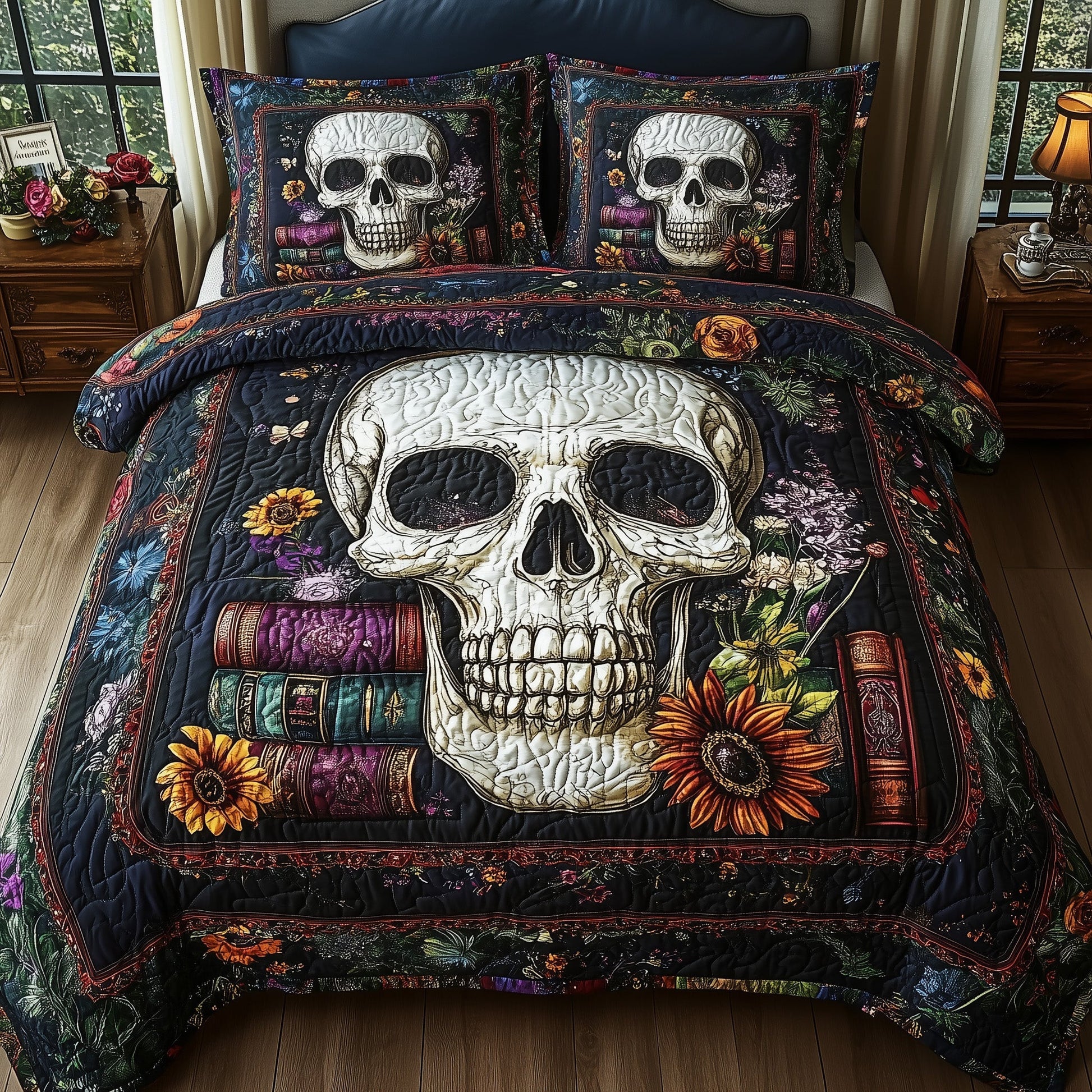 Skulls Library Quilted Bedding Set Book And Skull Decor Haunted Bedding Theme Gifts - Bancroftclothings