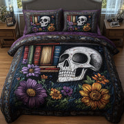 Skulls Library Quilted Bedding Set Scary Skull Bookshelf Decor Unique Halloween Bedding Gifts - Bancroftclothings