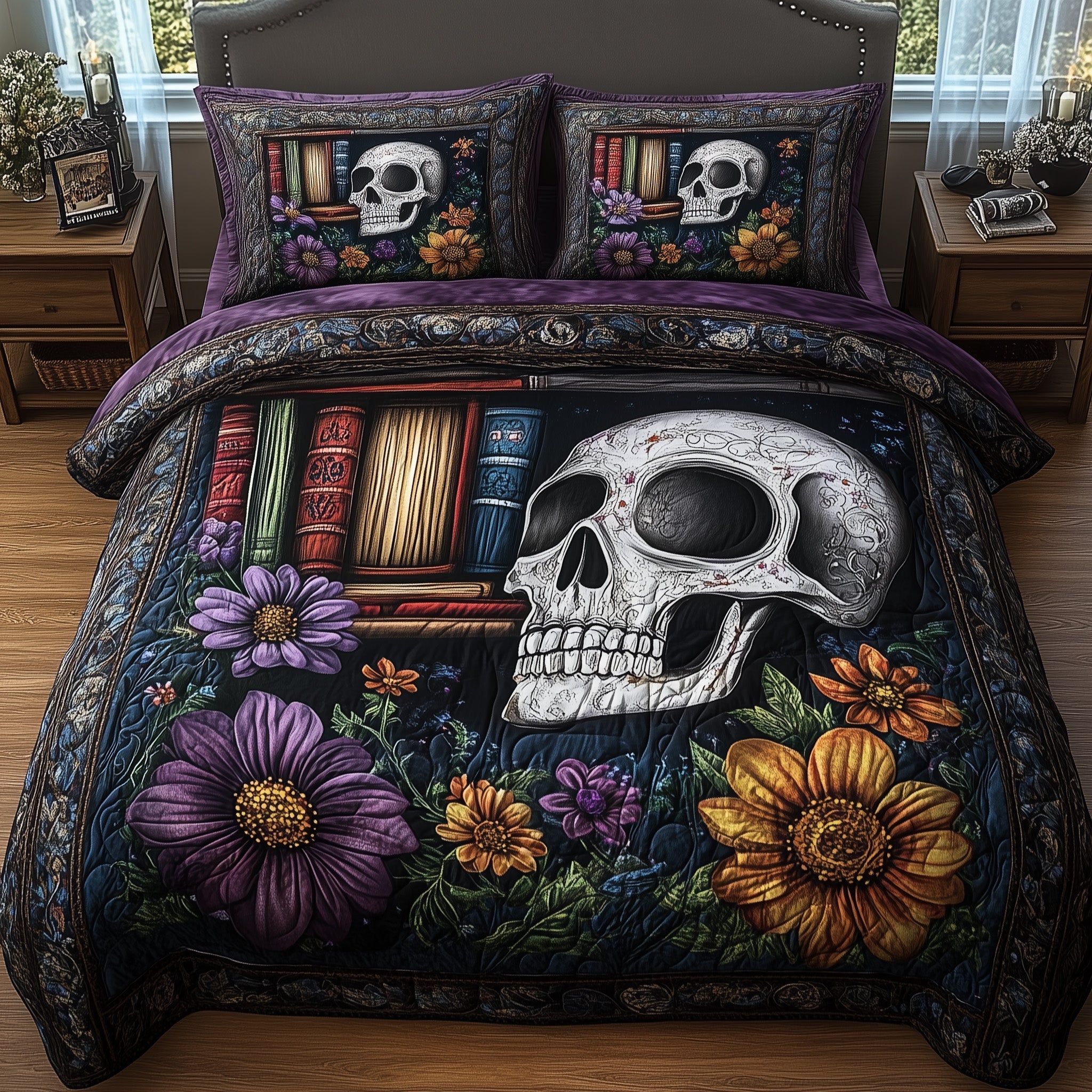Skulls Library Quilted Bedding Set Scary Skull Bookshelf Decor Unique Halloween Bedding Gifts - Bancroftclothings