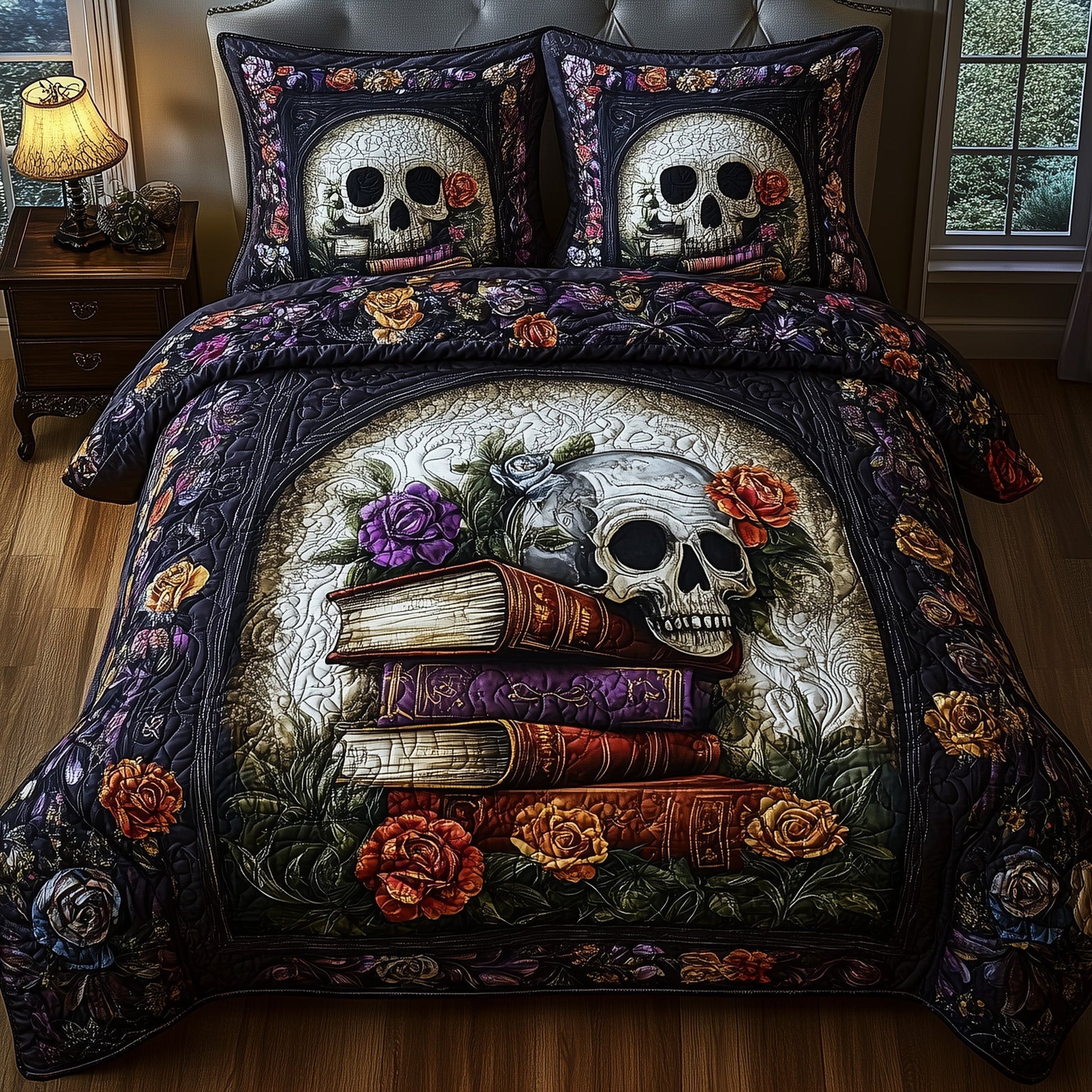 Skulls Library Quilted Bedding Set Scary Skull With Books Themed Halloween Bedding Gifts - Bancroftclothings