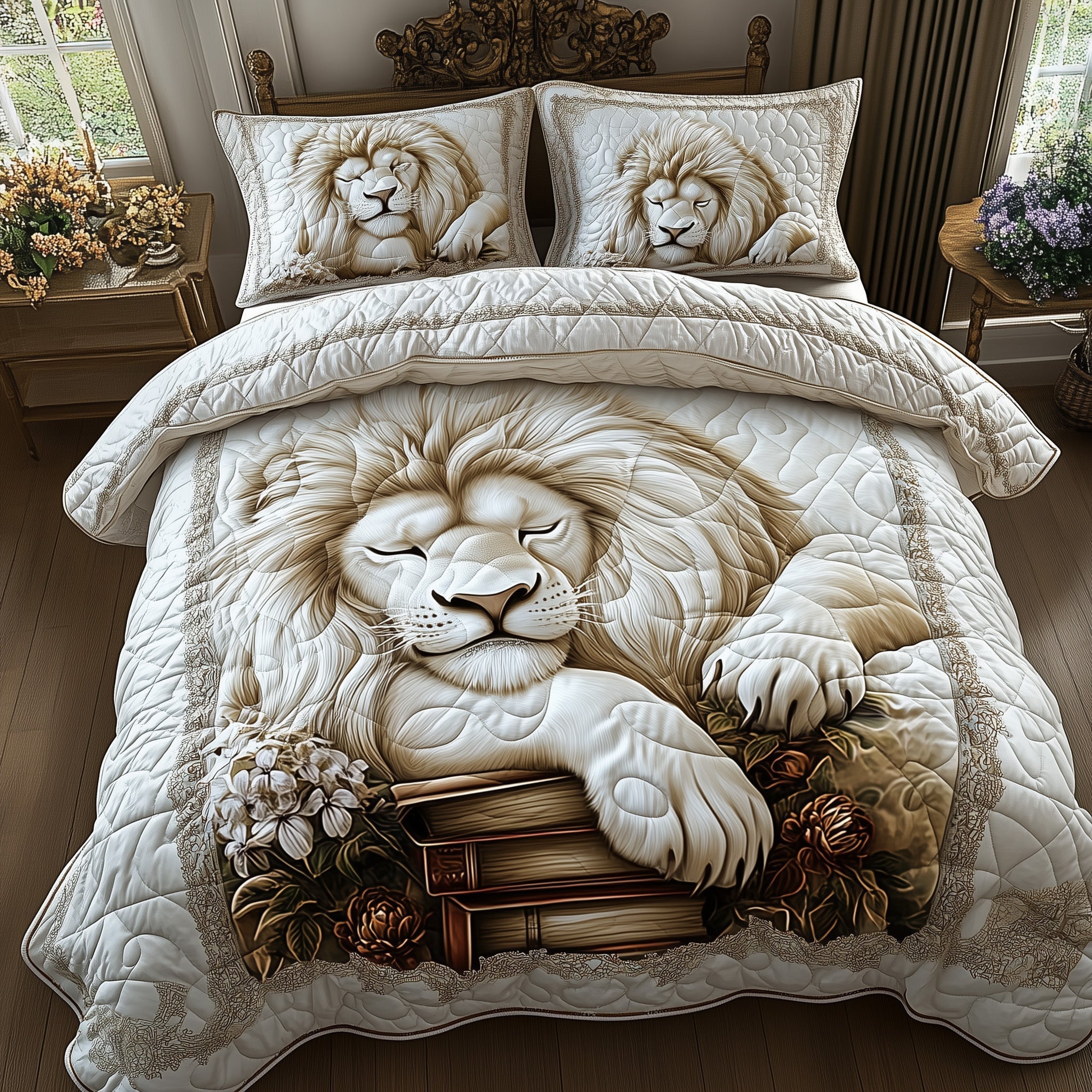 Sleeping Lion Quilted Bedding Set Royal Lion Decor Peaceful Animal Themed Gifts - Bancroftclothings