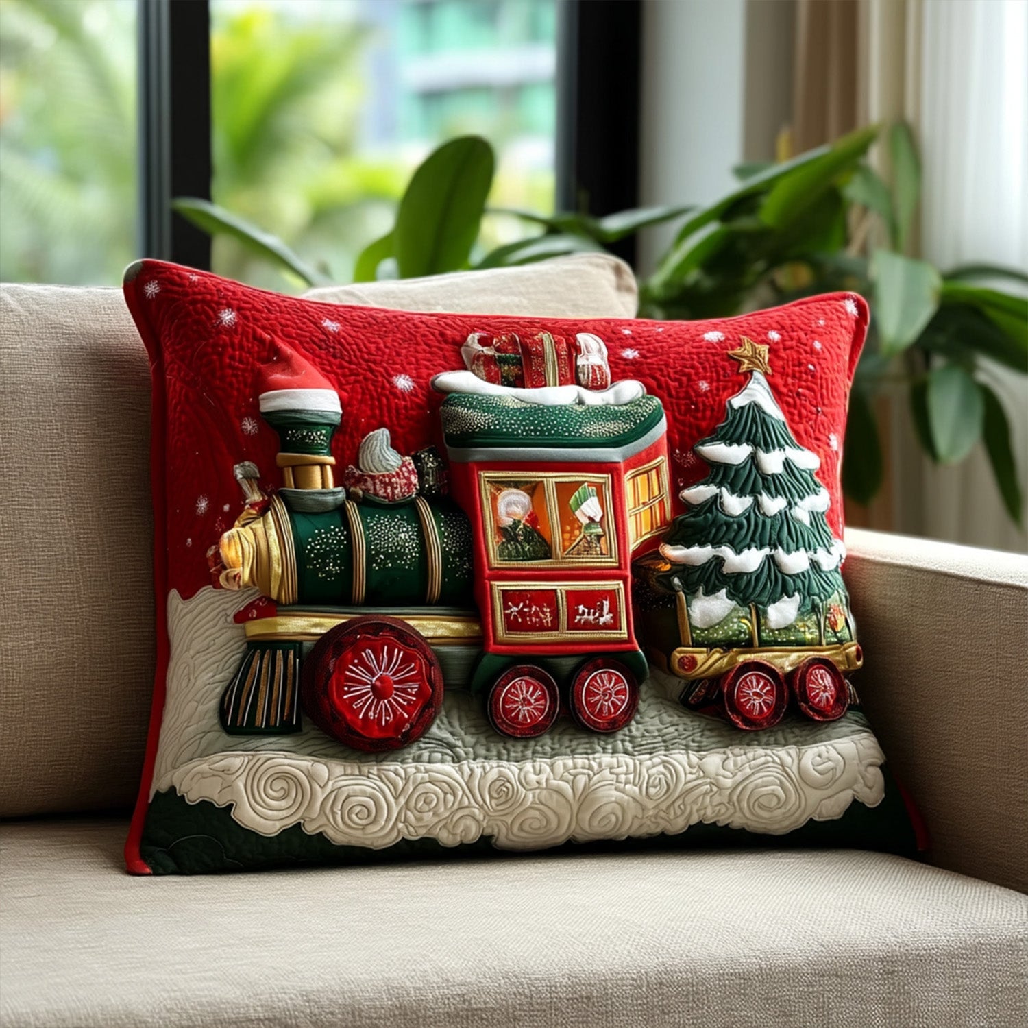 Sleigh-on-Rails Quilted Pillow Case Holiday Throw Pillow Covers Best Christmas Gifts - Bancroftclothings