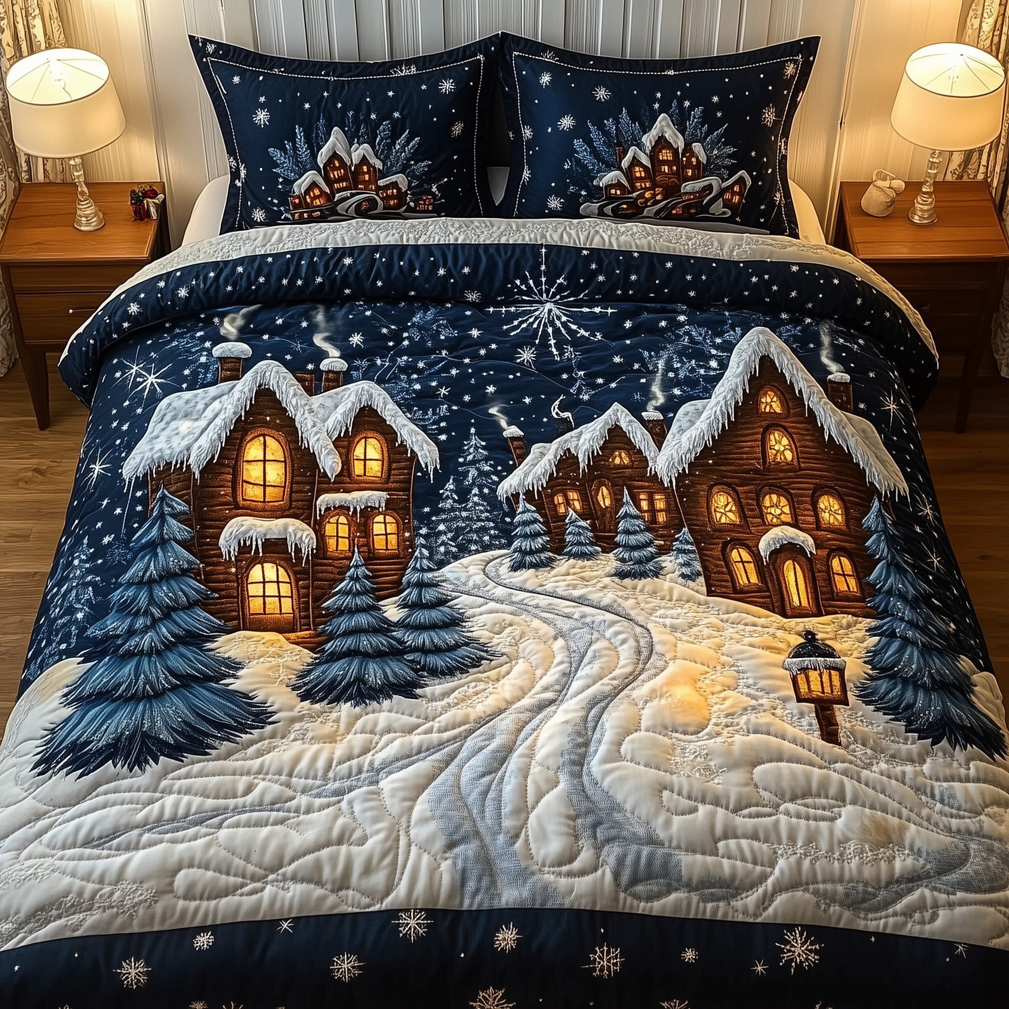 Snow Cabin Quilted Bedding Set Christmas Winter Cabin Best Cozy Xmas Bedroom Gift Ideas - Bancroftclothings