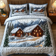 Snow Cabin Quilted Bedding Set Christmas Winter Cabin Unique Cozy Xmas Bedroom Gift - Bancroftclothings