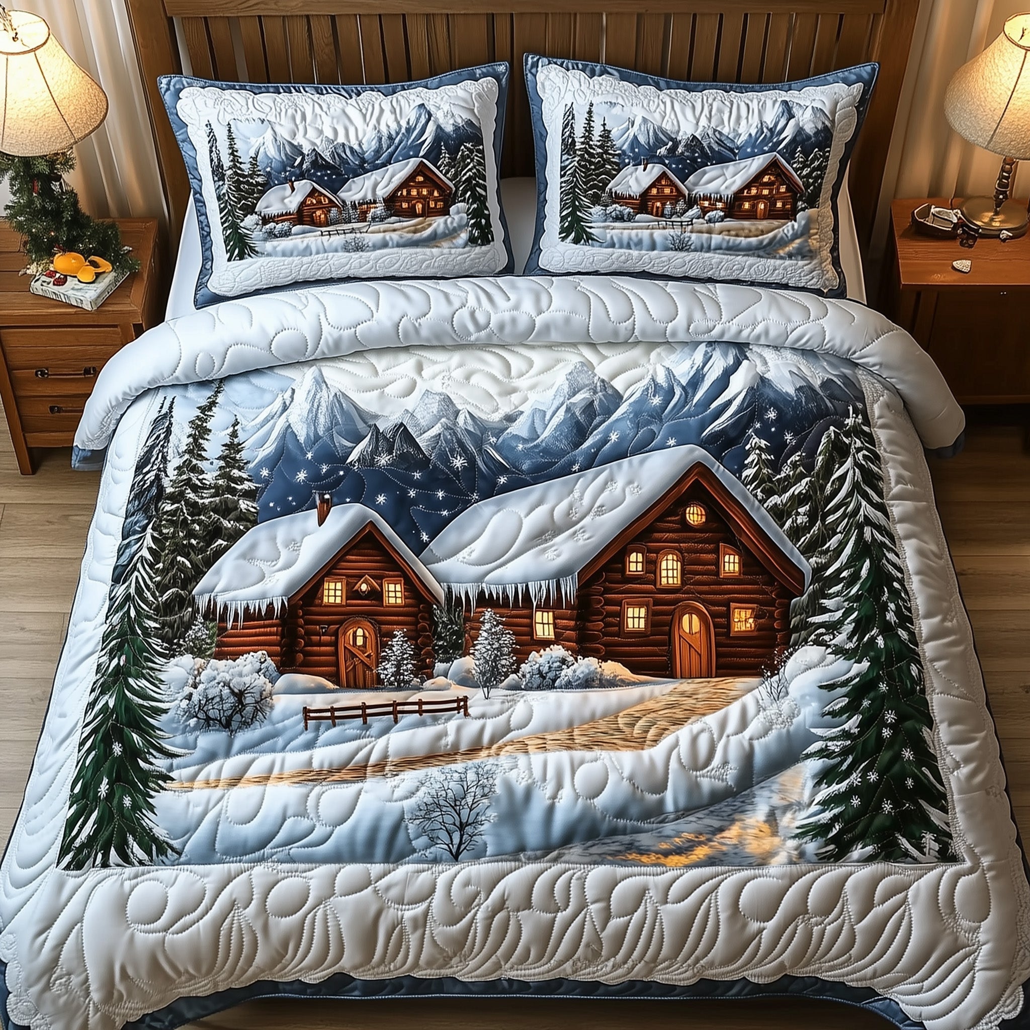 Snow Cabin Quilted Bedding Set Christmas Winter Cabin Unique Cozy Xmas Bedroom Gift - Bancroftclothings