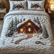 Snow Cabin Quilted Bedding Set Cozy Winter Cabin Unique Christmas Bedroom Gift Ideas - Bancroftclothings