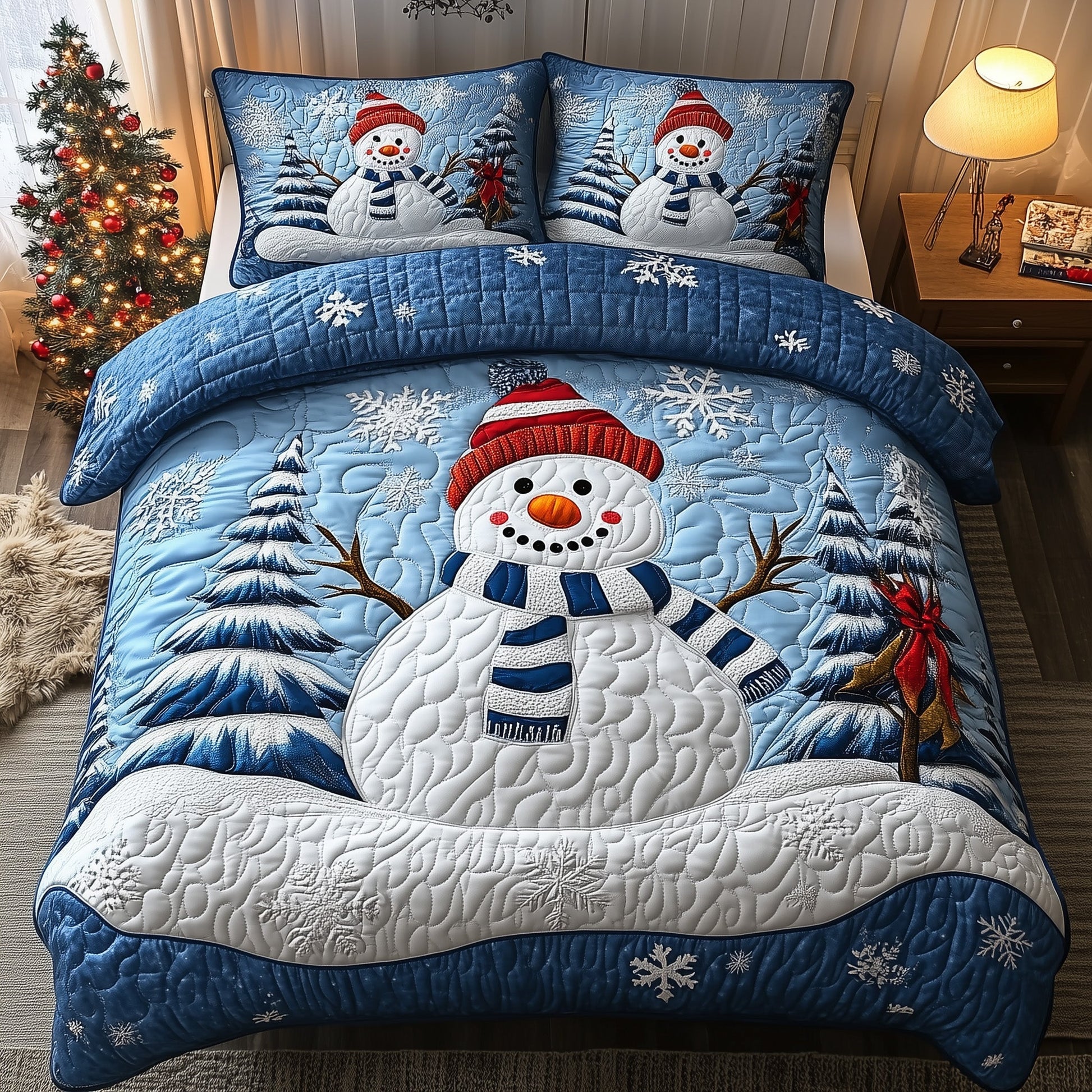 Snowman Quilted Bedding Set Cute Snowman Decoration Best Xmas Holiday Bedding Gifts - Bancroftclothings