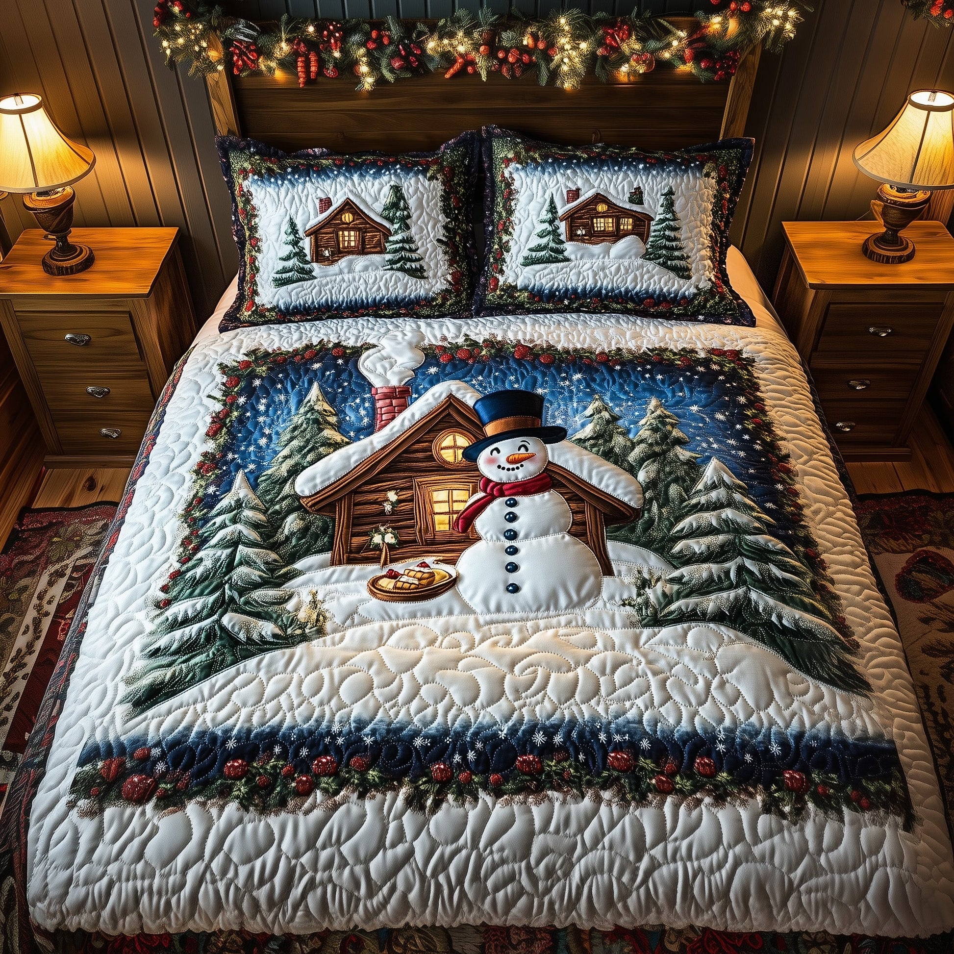 Snowy Holiday Retreat Quilted Bedding Set Funny Snowman Decor Best Holiday Bedroom Gifts - Bancroftclothings