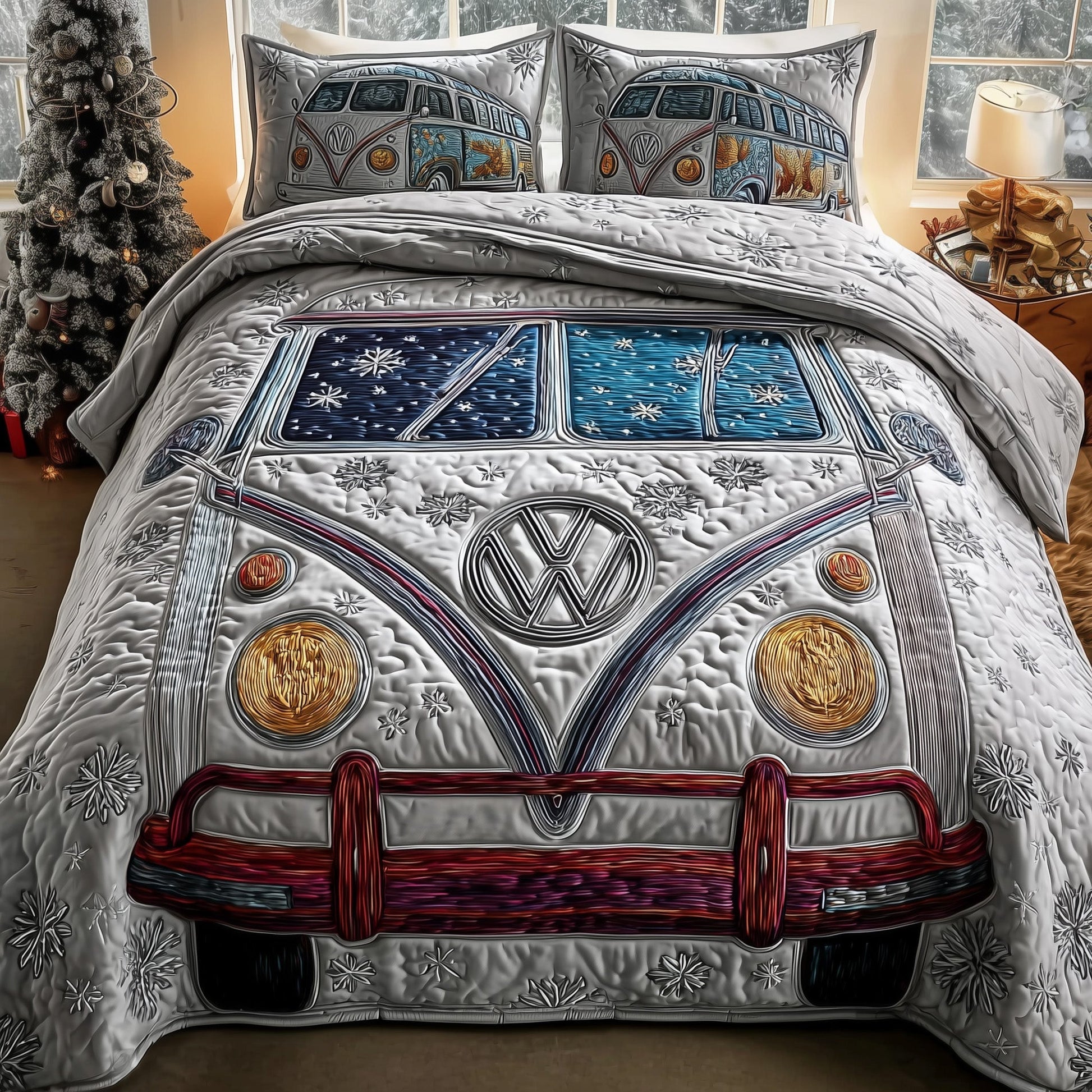Snowy Road Quilted Bedding Set Christmas Hippie Van Festival Bedding Decor Gifts - Bancroftclothings