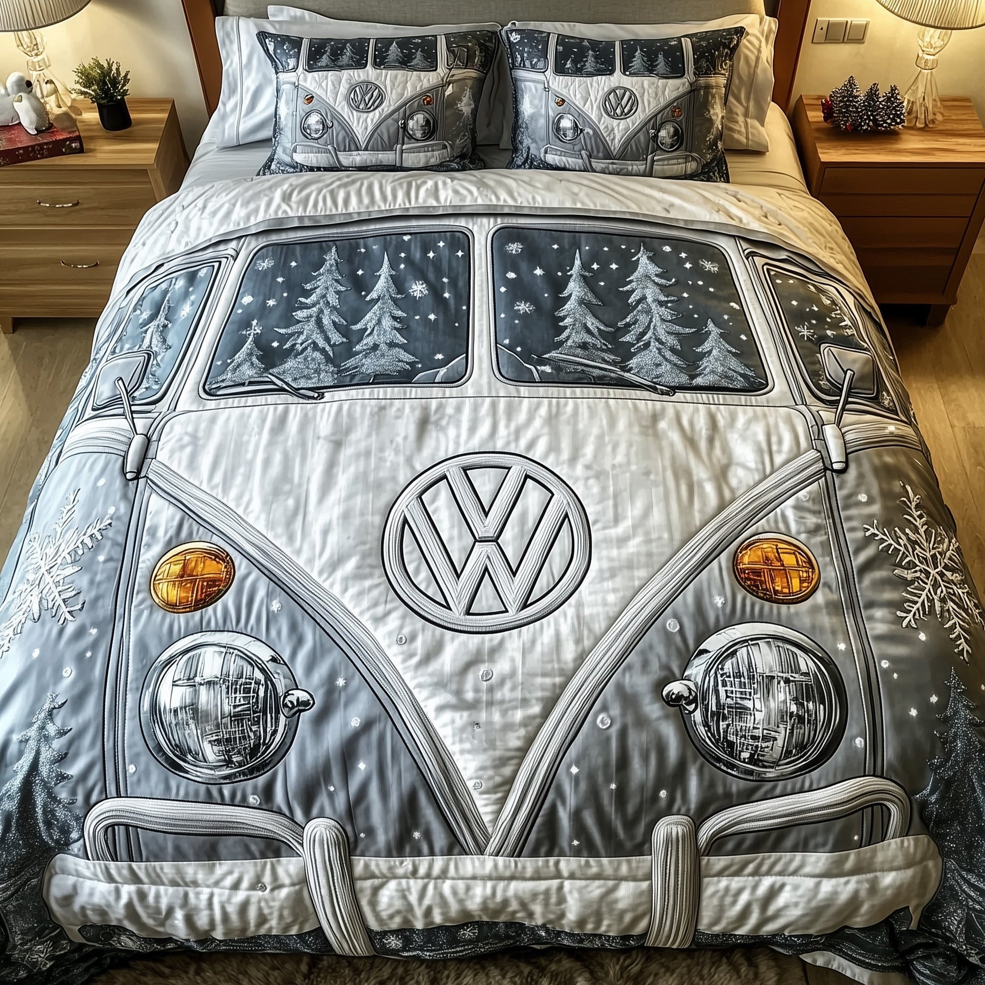 Snowy Van Quilted Bedding Set Christmas Driving Decor Gift Ideas Festival Bedding Gifts - Bancroftclothings