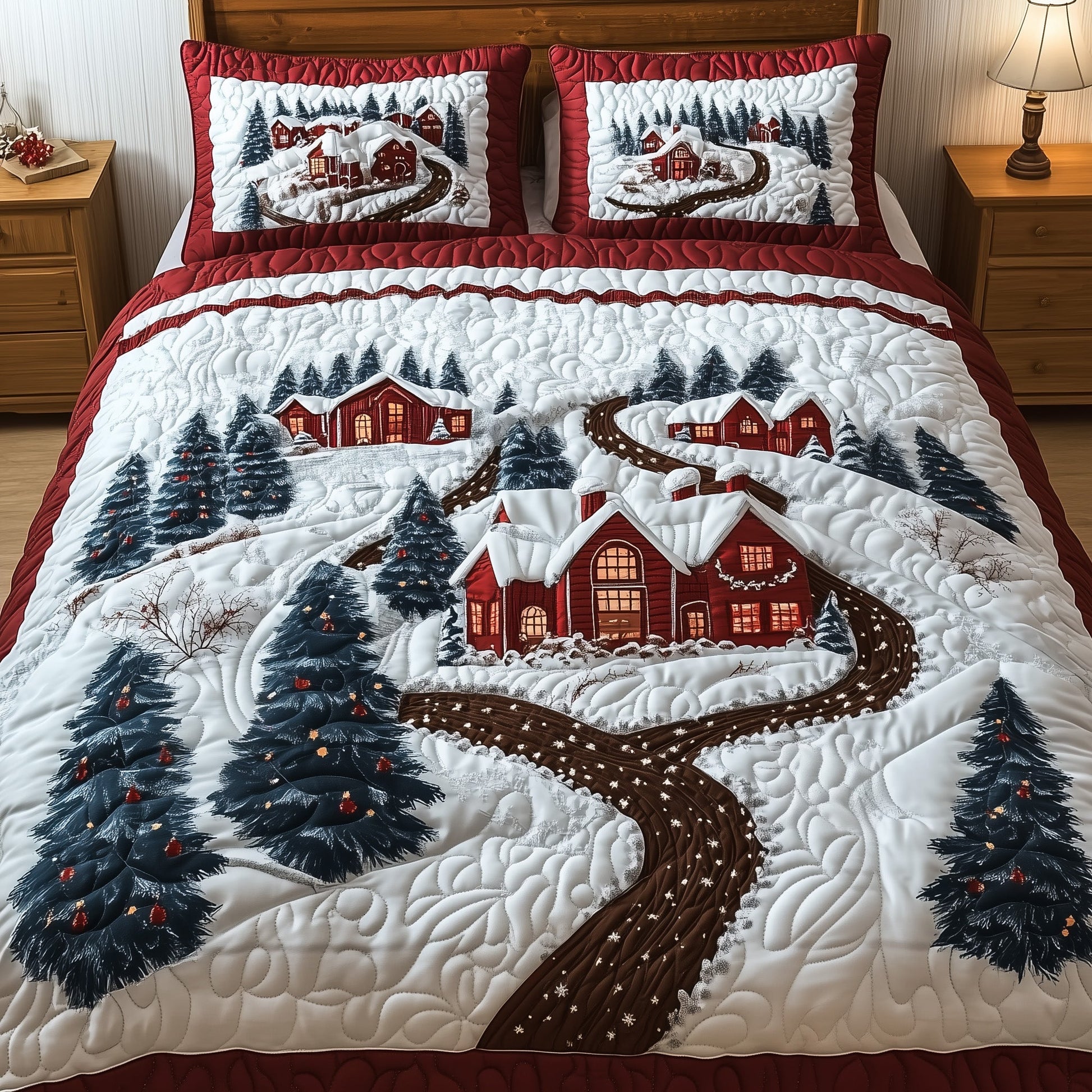 Snowy Village Quilted Bedding Set Winter Village Bedding Great Xmas Gift Ideas - Bancroftclothings
