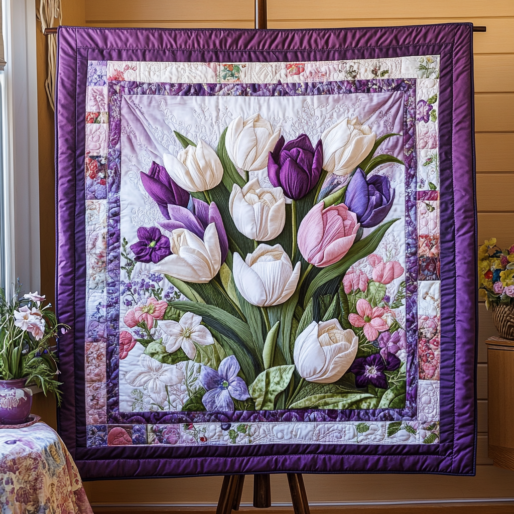 Soft Floral Embrace Quilted Blanket Winter Decor Blanket Gift Ideas For Tulip Lovers - Bancroftclothings