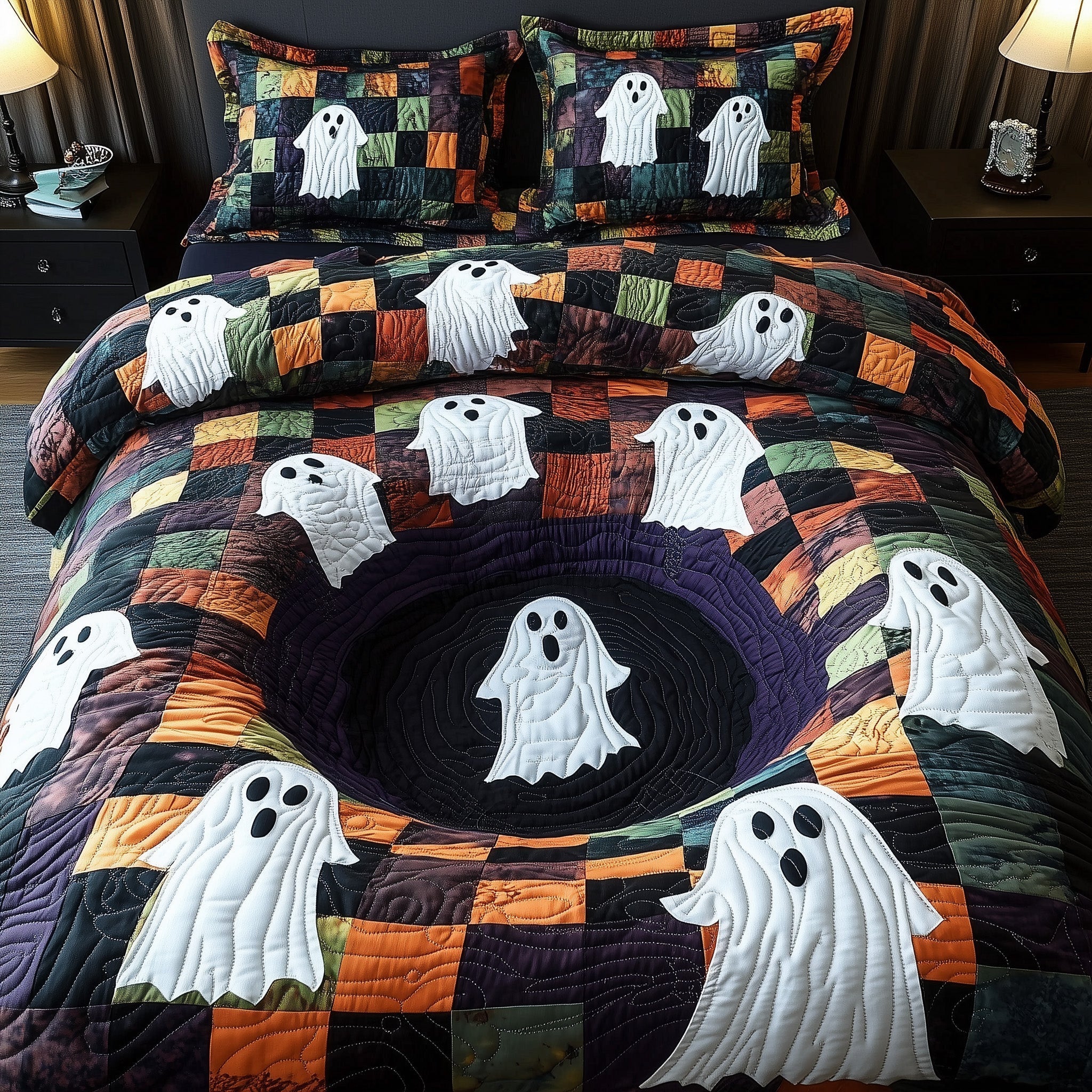 Spooky Illusion Quilted Bedding Set Haunted Ghost Design Bedding Spooky Gifts - Bancroftclothings