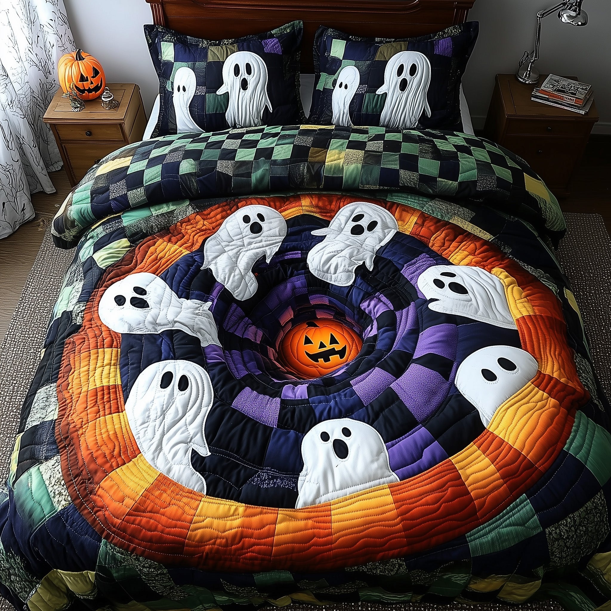 Spooky Illusion Quilted Bedding Set Haunted Ghost Spiral Unique Bedding Spooky Gifts - Bancroftclothings