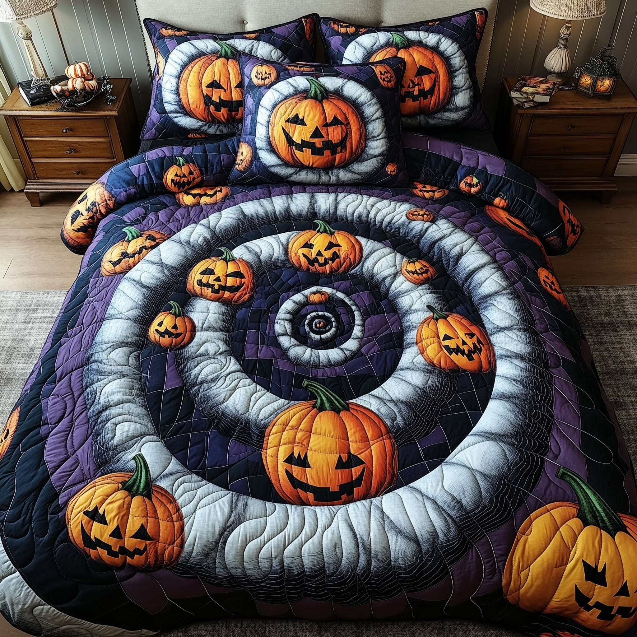 Spooky Illusion Quilted Bedding Set Haunted Pumpkin Spiral Decor Best Bedding Gifts - Bancroftclothings