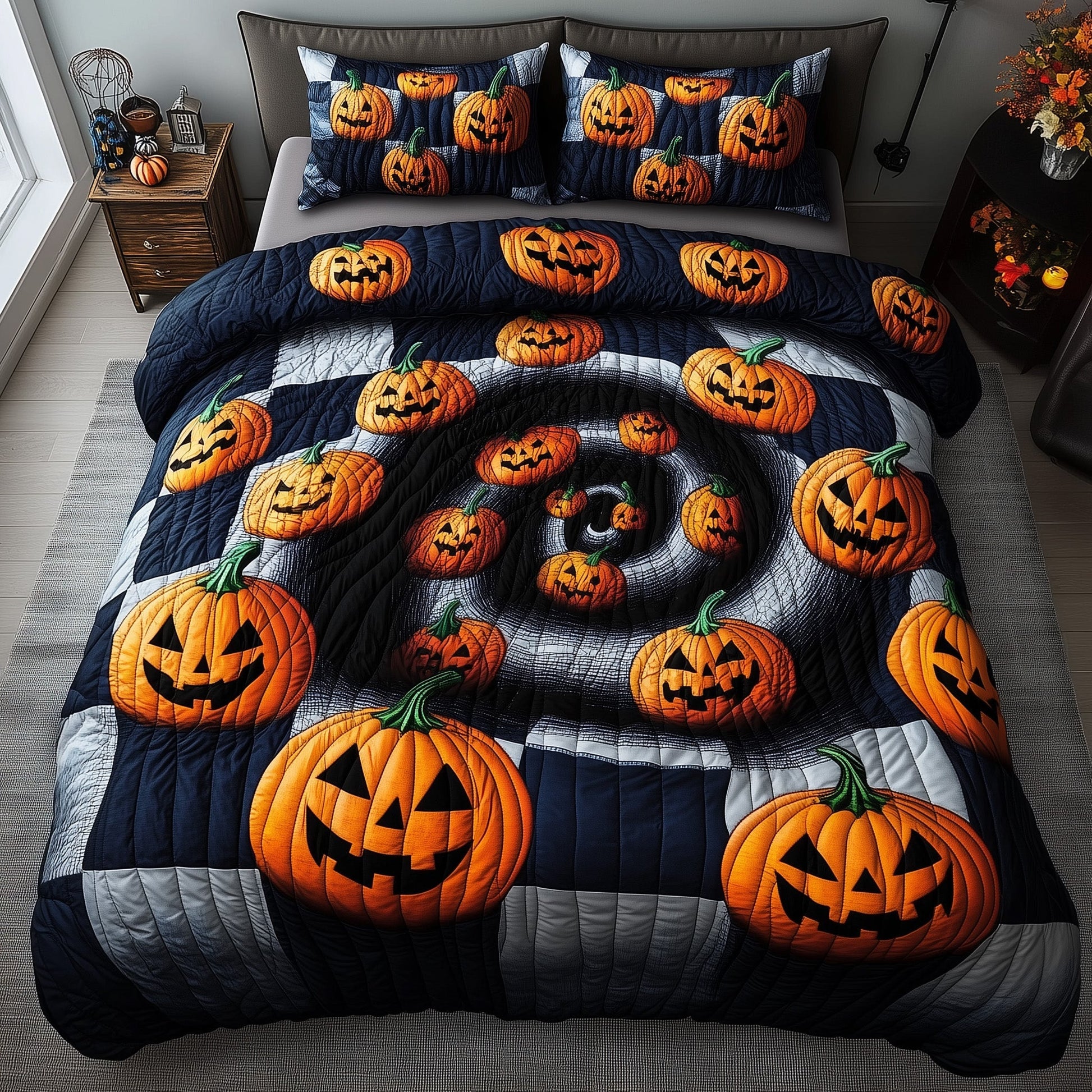 Spooky Illusion Quilted Bedding Set Jack-Oï¿½-Lantern Spiral Decor Best Bedding Gifts - Bancroftclothings